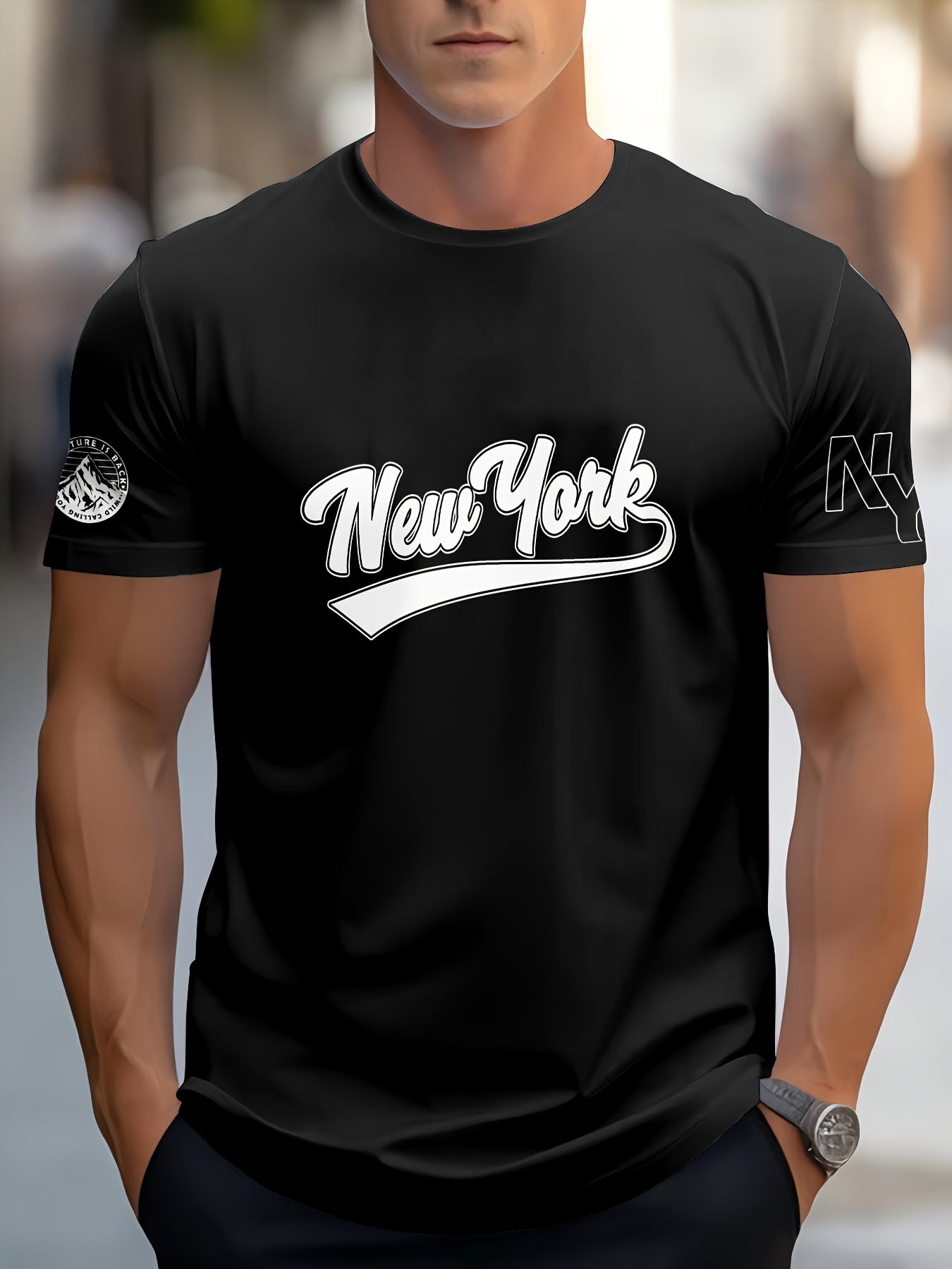 1pc Men's Summer Breathable Quick-Dry T-Shirt - 100% Polyester Moisture-Wicking, Casual Short Sleeve Round Neck Tee with New York Graphic Print for Outdoor Sports & Casual Attire
