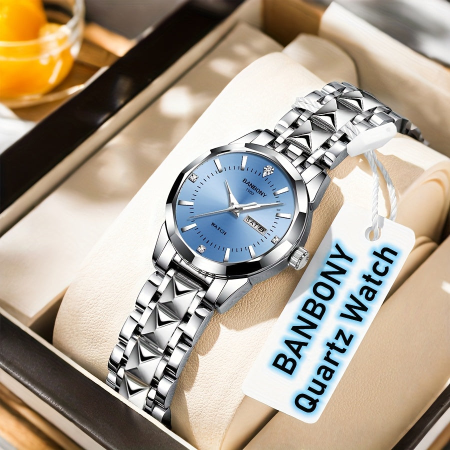 1pc BANBONY Women's Stainless Steel Quartz Watch with Rhinestone Accents, Scratch-Resistant Luminous Dial, IPX7 Waterproof, Week Calendar Display, Blue Dial & Golden-Tone Case - Luxury Casual Sports Watch for Birthdays, Holid