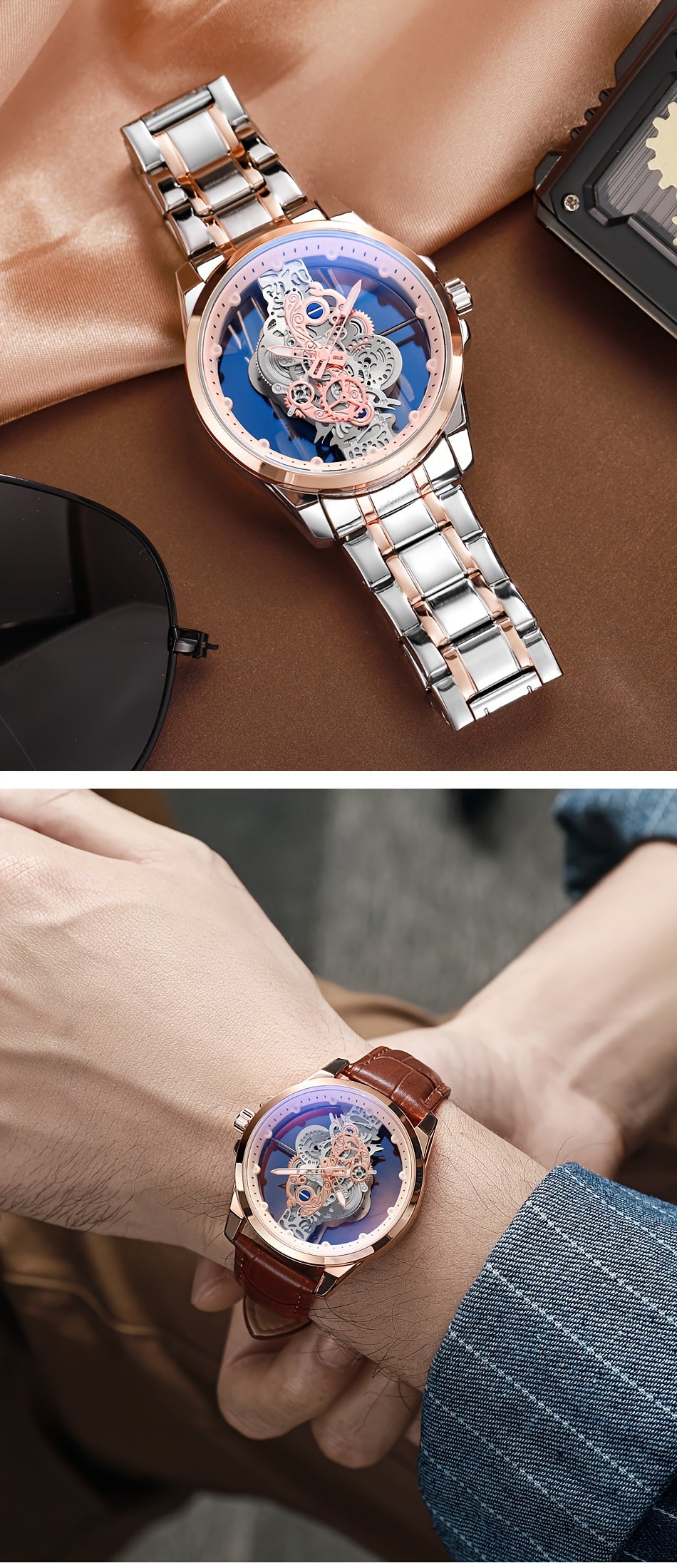 TPW Men's Rose Golden Skeleton Luminous Quartz Watch - Glamorous Luxury Wristwatch with Exposed Movement, Comfortable Metal Band, Father's Day Gift for Him, Luxury Men's Watch | Romantic Watch Design | Rose Golden Finish