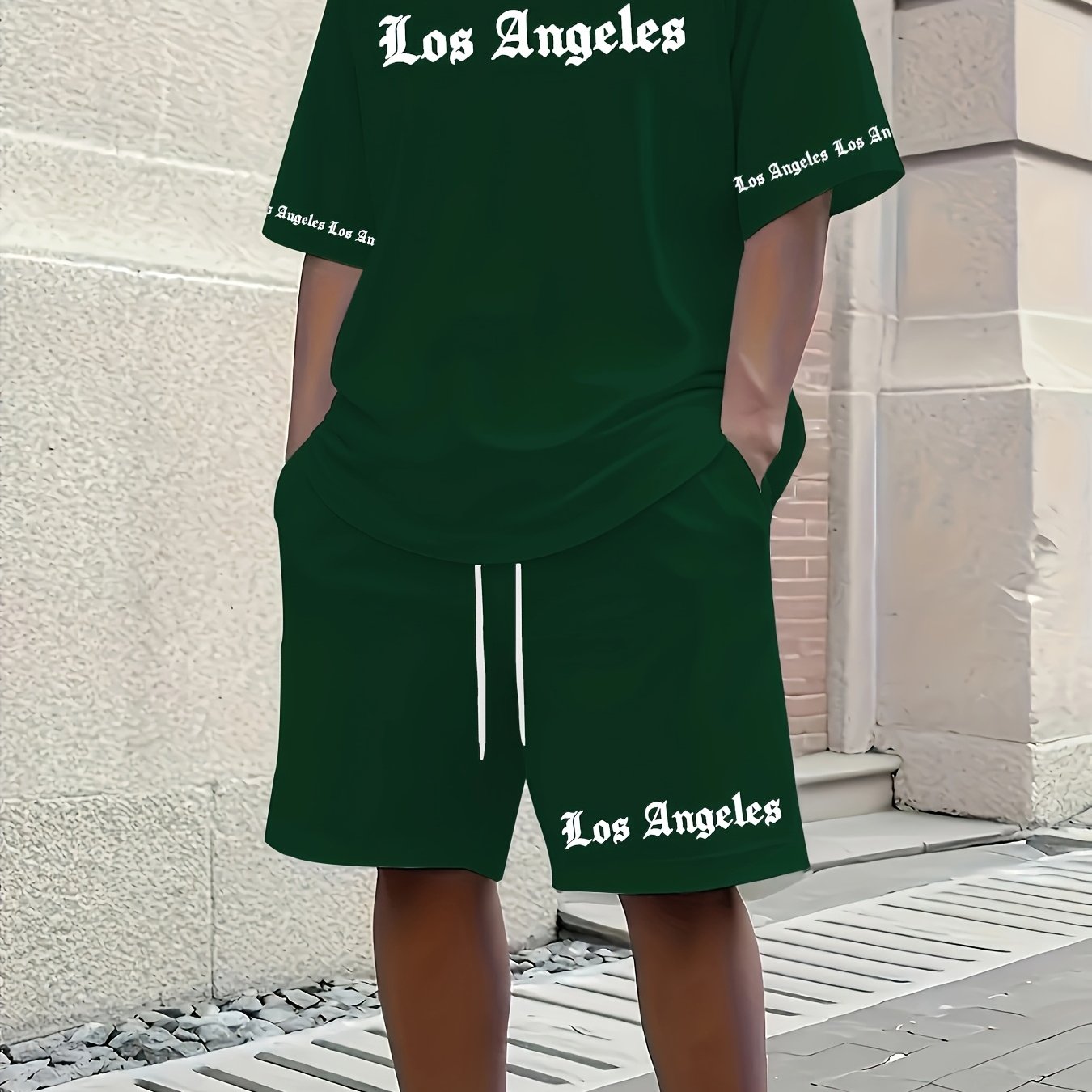 Men'S Los Angeles Graphic Print Casual Sportswear Set - Breathable Summer Short Sleeve T-Shirt & Drawstring Shorts with Pockets, Regular Fit, Crew Neck, Comfortable & Stylish for Casual Attire, Leisure Clothing | Trendy Sport