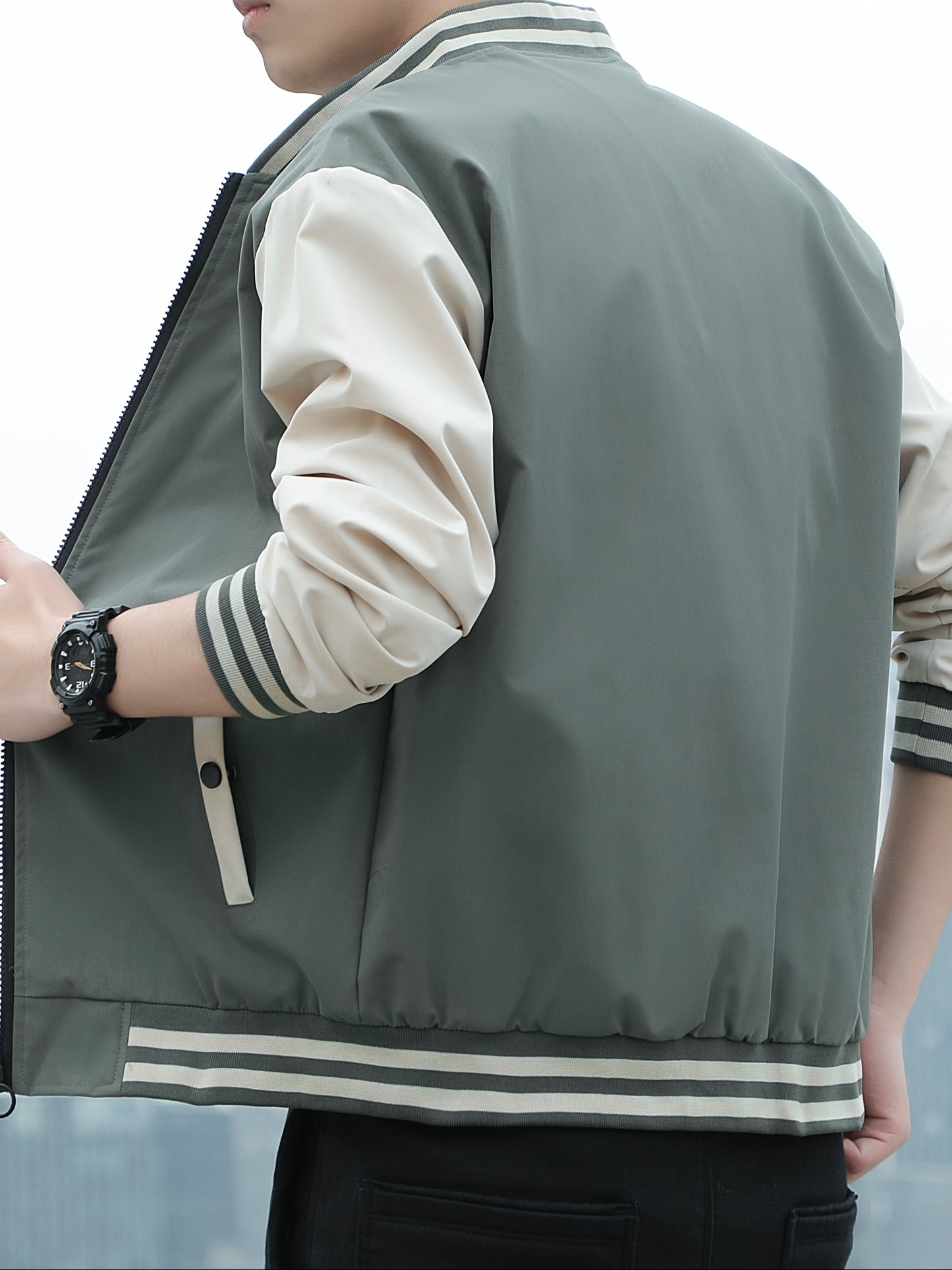 Men'S Lightweight Geometric Pattern Bomber Jacket - Casual Long Sleeve Zip-Up with Pockets, White & Gray, Polyester Lining, Perfect for Fall, Autumn Jacket