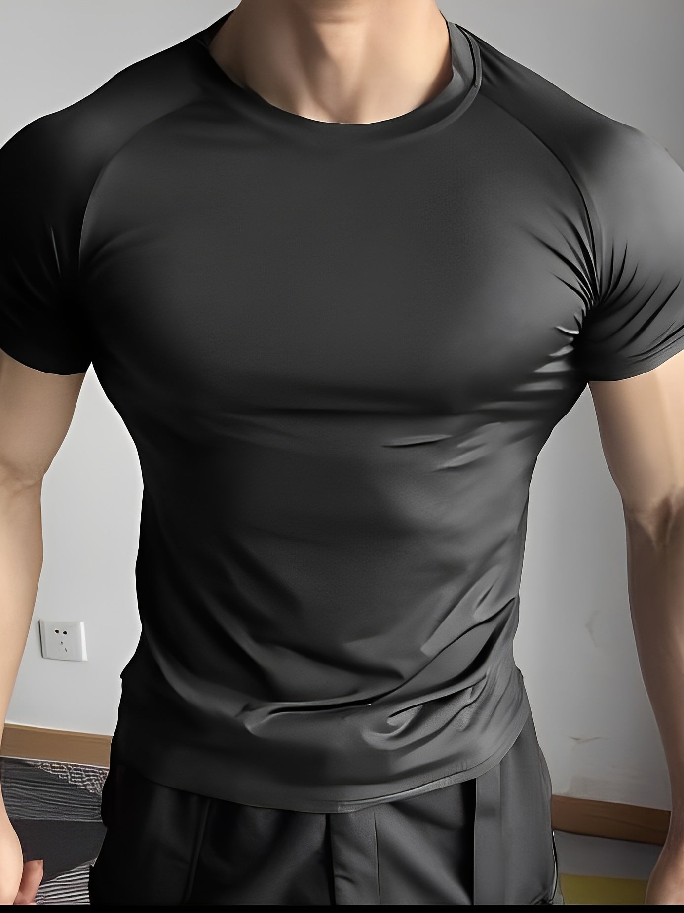 Men's Quick-Dry Athletic T-Shirt - Stretchy, Breathable Polyester, Short Sleeve, Round Neck, Black, Gym & Running Workout Essential, Sports Clothing | Sleek Athletic Tee | Breathable Fabric, Workout Clothes