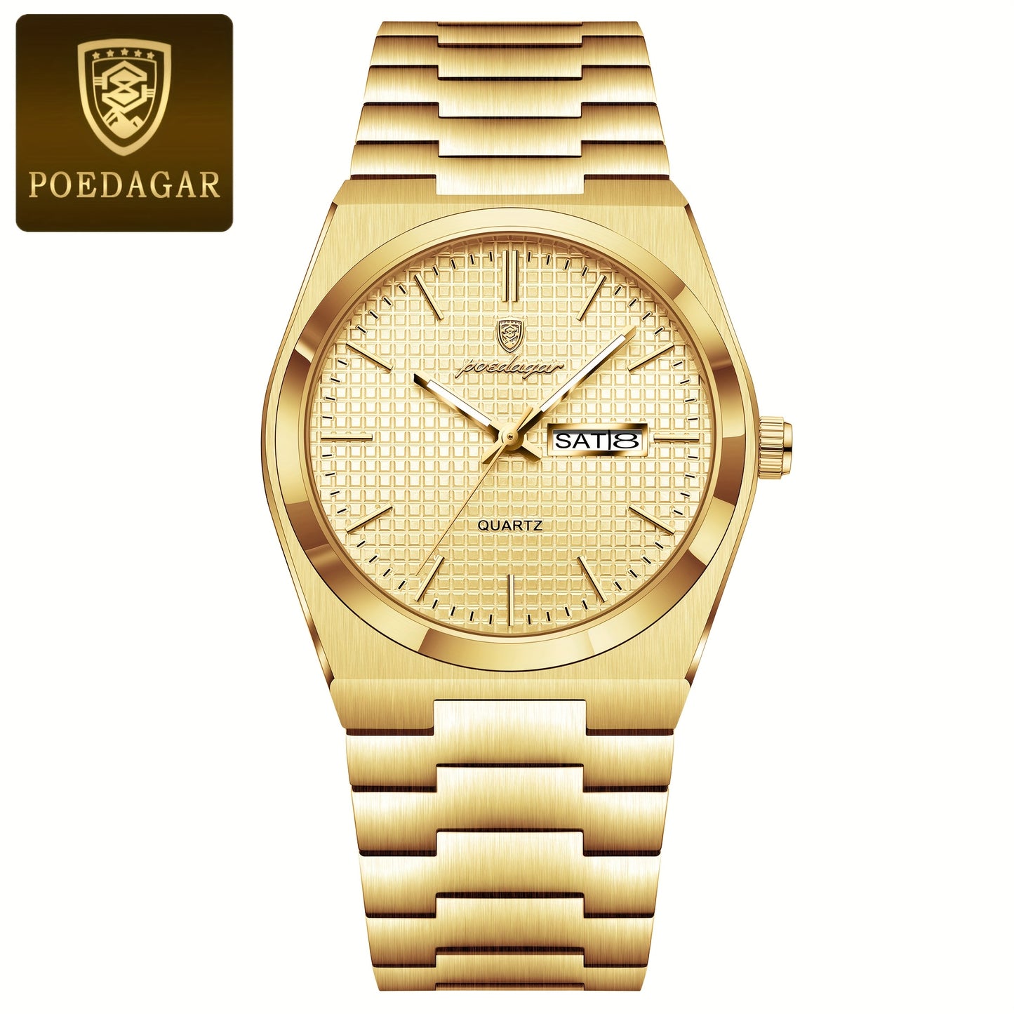 POEDAGAR Elegant Women'S Quartz Watch, Luminous Calendar, Stainless Steel Band, Round Alloy Case, Fashionable Night-Glowing Dial with Blue & Orange Accents