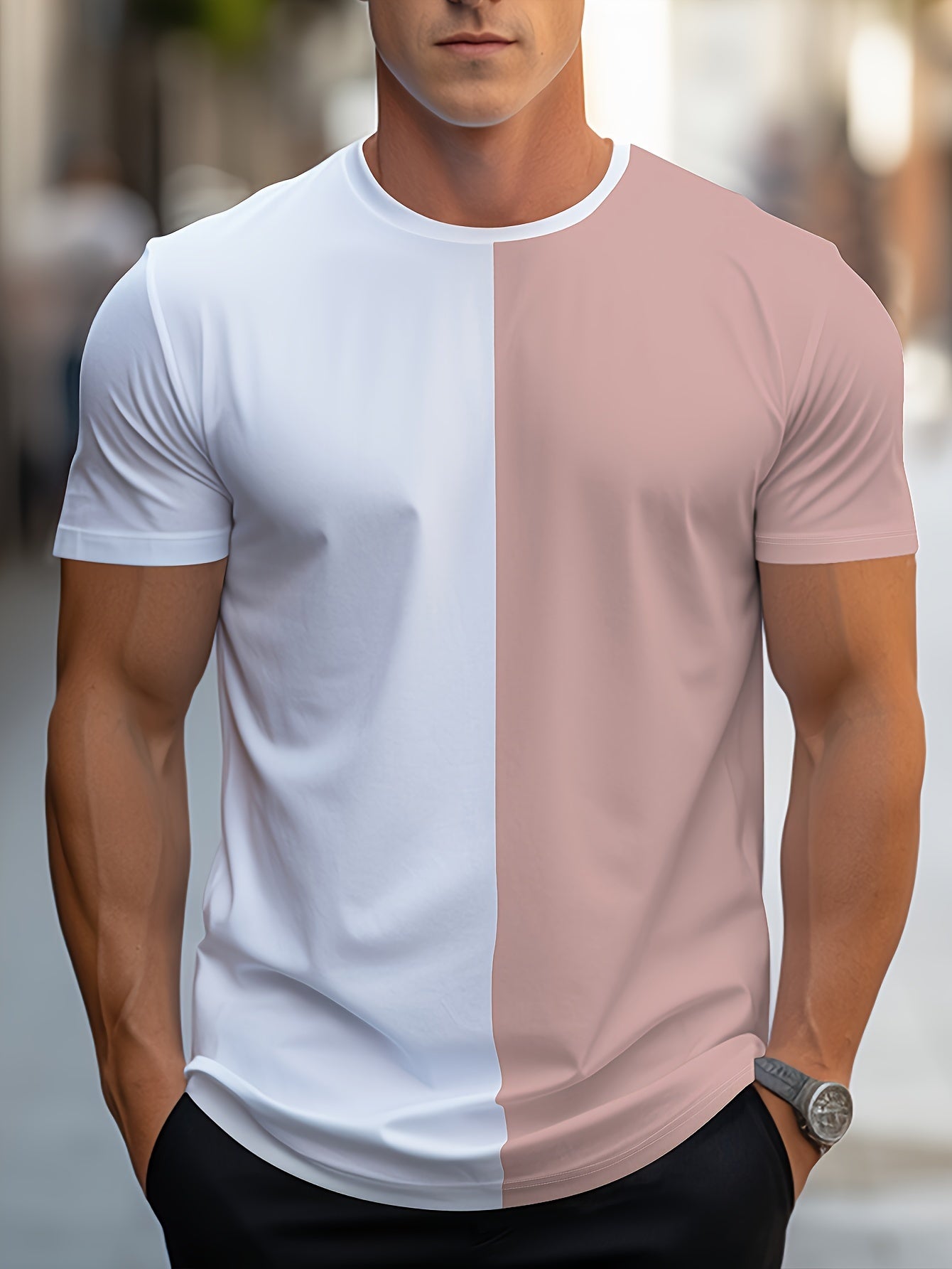 Men'S Fashion Casual Crew Neck Short Sleeve T-Shirt, Polyester Blend, Slight Stretch, Solid Color, Summer, Regular Fit, Knit Fabric, 180g/m², with Embellished Graphic for Adult