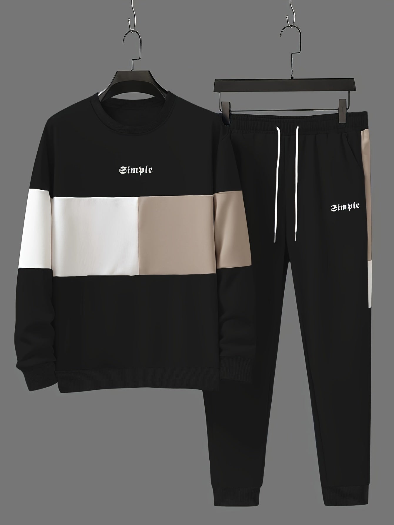 Men's Casual Crew Neck Sweatshirt & Joggers Set - Color Block, Polyester Blend, Machine Washable - Perfect for Spring/Fall, Leisure Style, Conventional Version, Spring/Autumn