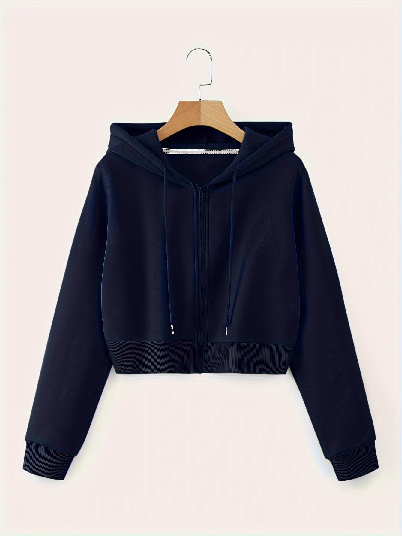Zip Up Cropped Drawstring Hoodie, Casual Long Sleeve Sweatshirt For Spring & Fall, Women's Clothing