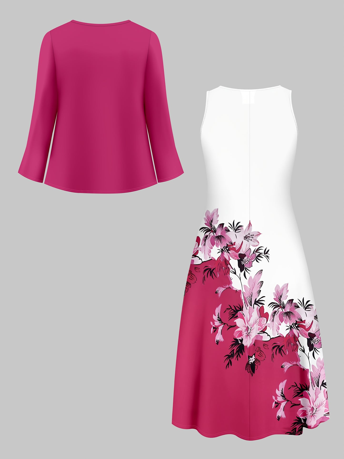 Fashion Women's solid color small cardigan and floral print patchwork dress two-piece set