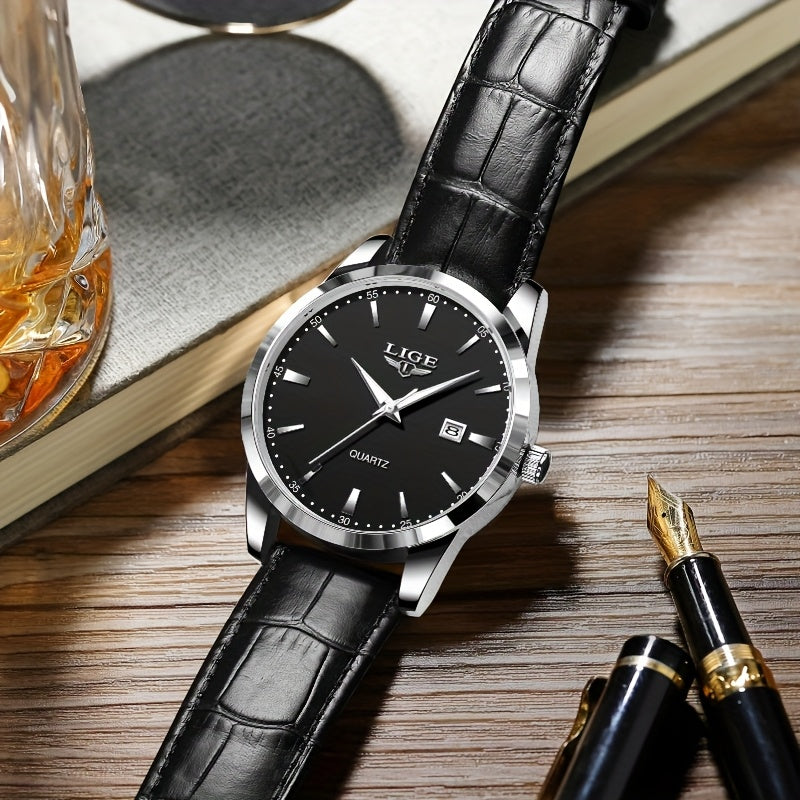 A Stylish Timepiece By LIGE Featuring A Blend Of Business And Casual Design, With A Faux Leather Strap, Alloy Case, And A Non-rechargeable Battery.