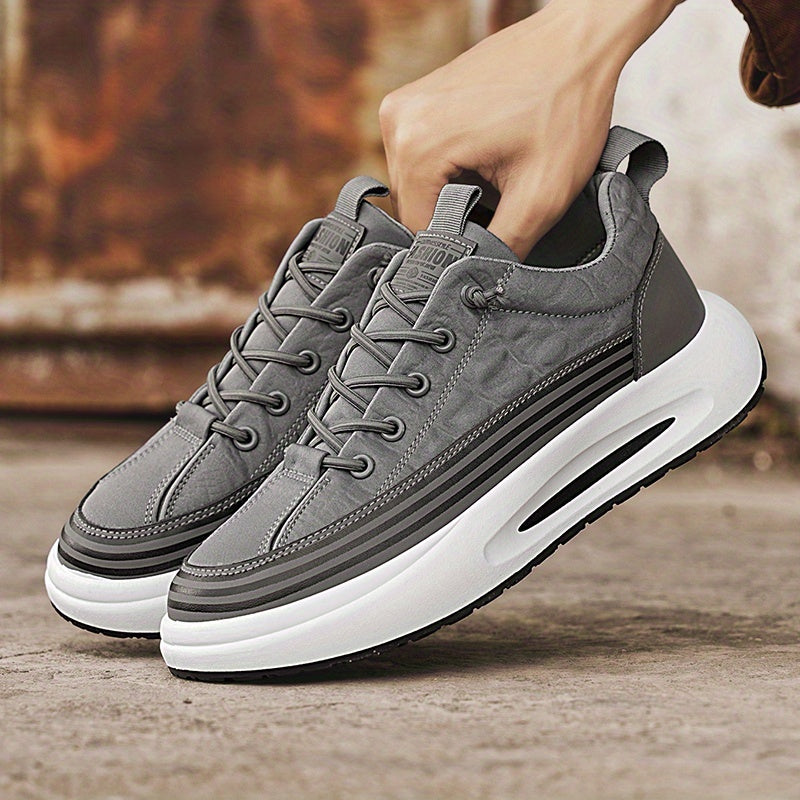 Men's Breathable Casual Sneakers - 2025 Spring New Design, Low-Top Elastic Lace-Up, Grey & White PU Upper with Cushioned EVA Insole & Durable PVC Sole for All-Season Outdoor Running, Gym, Daily Wear, Gym Shoes, Sleek Sporty D