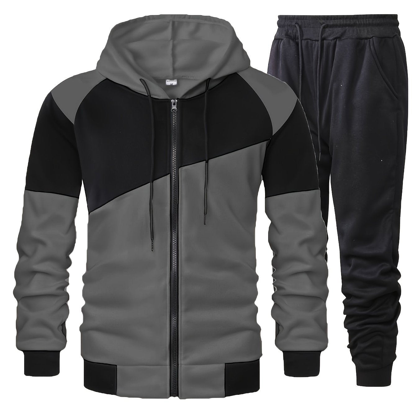 Elson OBM Men's Autumn and Winter Sportswear Set, Men's Color Block Long Sleeve Hooded Zip-Up Jacket with Solid Drawstring Joggers Outdoor and Sports Outfit... Top Bottoms Set