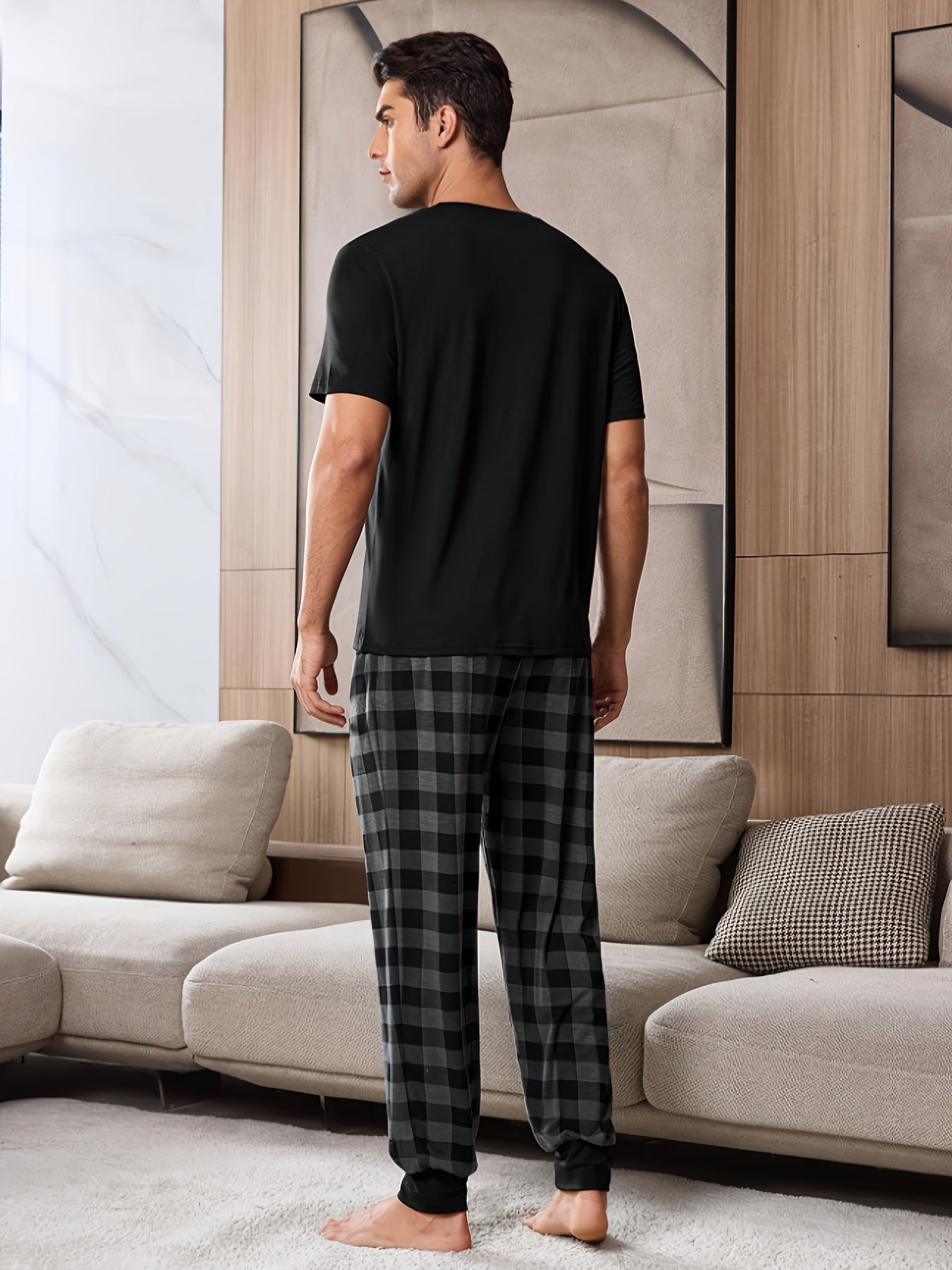 Print Round Neck Short Sleeve Top and Plaid Pants Pajamas for Men or Women Single Set