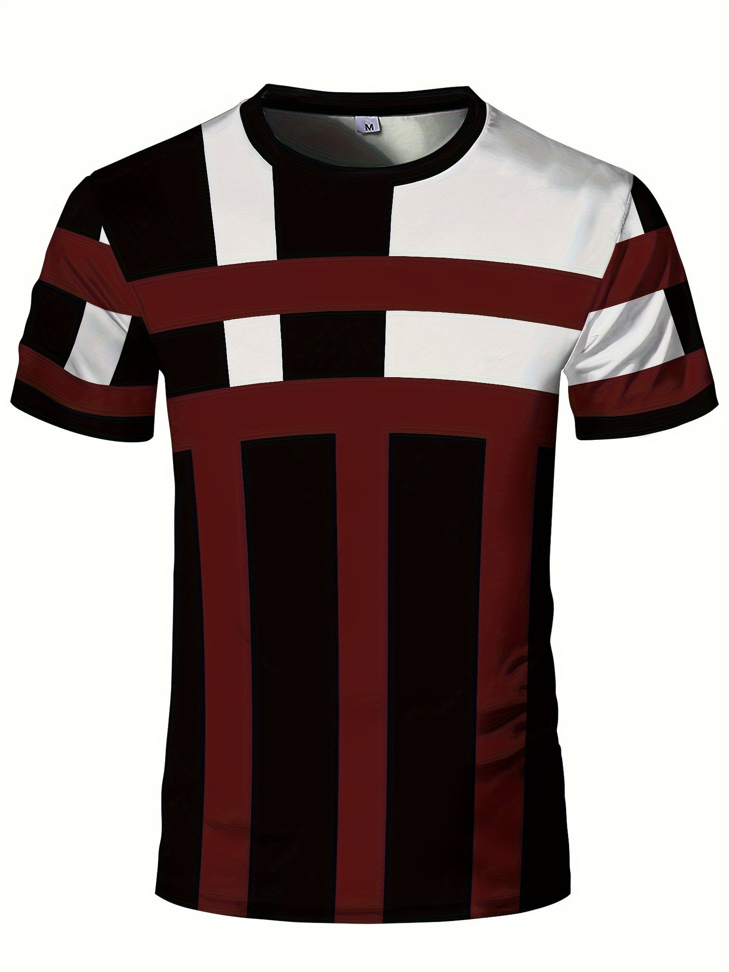Striped Patchwork Design Pattern Print, Men'S Sports Fashion, Geometric Print High Elasticity Tight Fit Short Sleeved Round Neck T-Shirt, Summer Fitness, Training And Fitness Wear Quick Drying Sports Top with Coolness