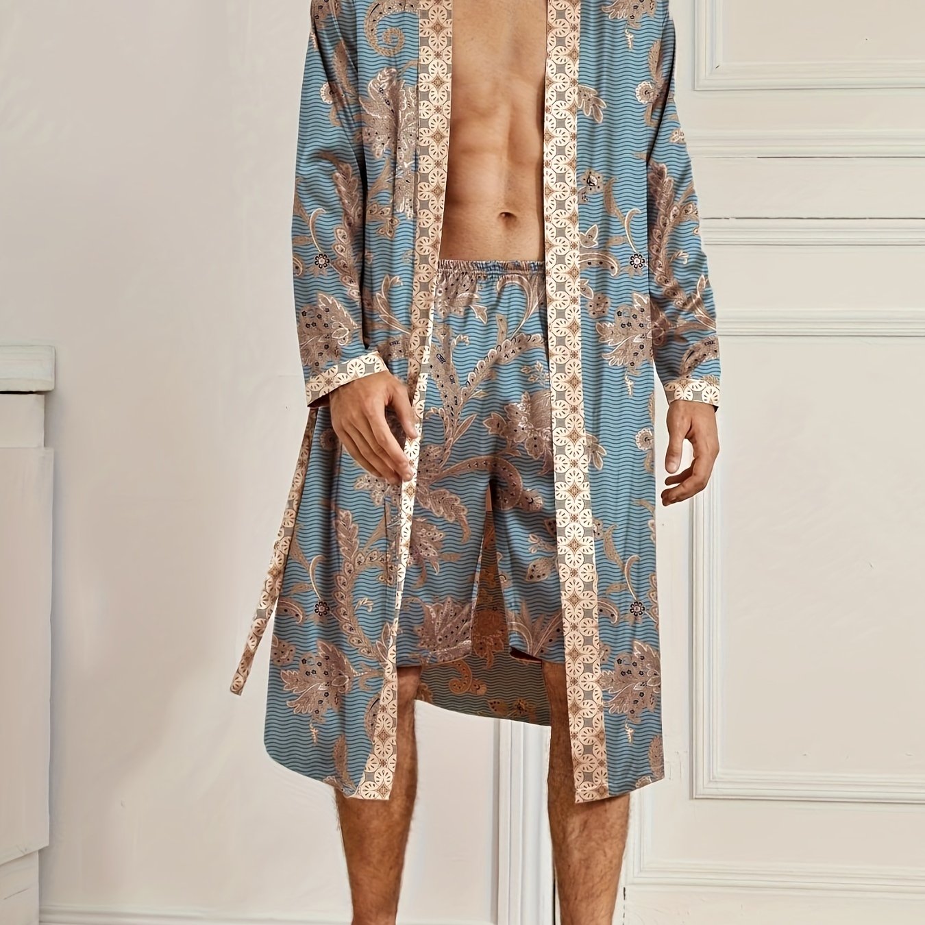 Men's Sleep Robe, Elegant And Light Luxury Pajamas Set, Stylish Gorgeous Floral Print, V-neck Long Sleeve Sleep Robe And Shorts, Sleep Wear Robe Set For Home Wear