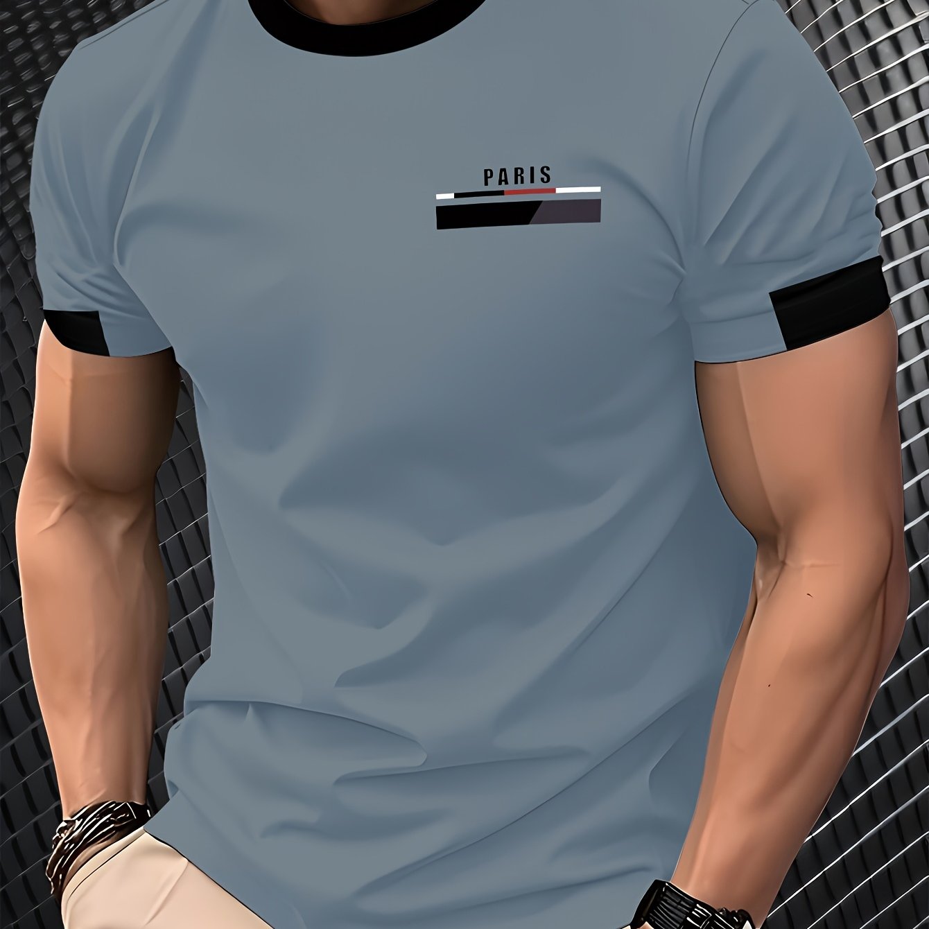 Men'S Paris Graphic T-Shirt - Green Polyester Crew Neck Tee with White Stripes & Print - Casual Sporty Knit Top for Casual Attire, Breathable Fabric