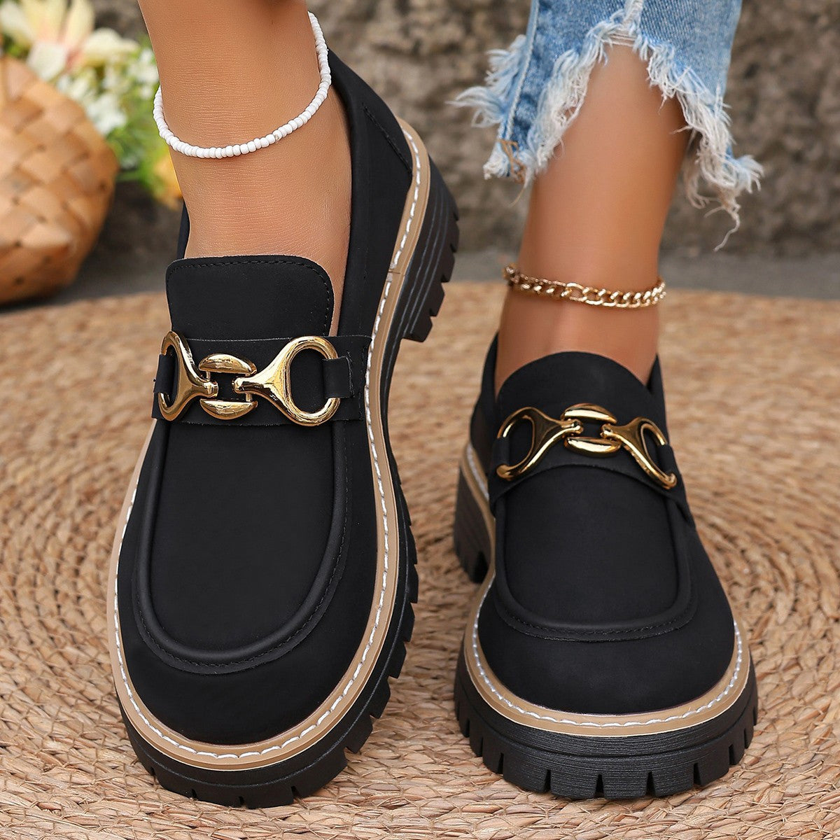 Women's Slip-On Loafers with Golden-Tone Metallic Accents - Synthetic Cover Upper, Non-Slip Rubber Sole, Round Toe Comfort - All-Season Casual & Formal Shoes (Black), Ladies Shoes