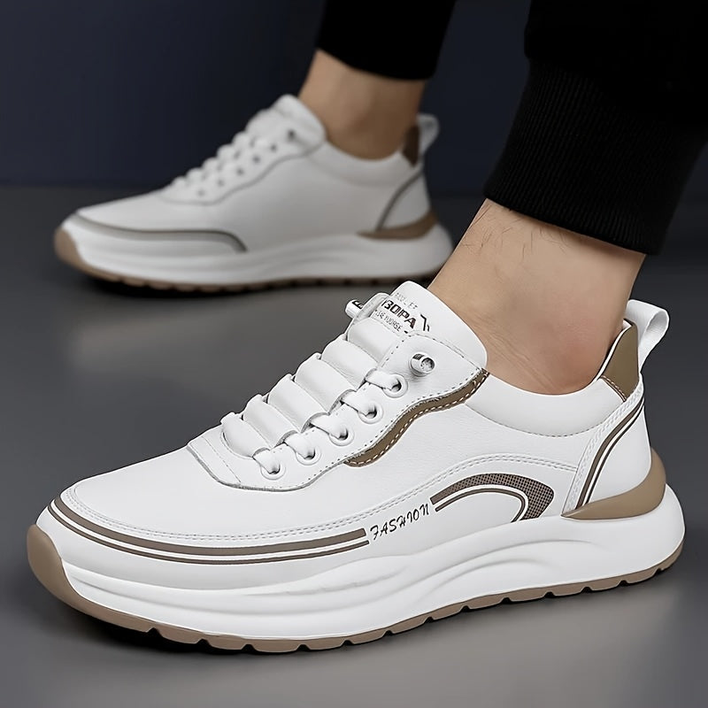 Men's Breathable Lightweight Casual Sneakers - Soft EVA Sole, White & Brown Low-Top Lace-Up Shoes for Casual Attire & Light Running, All-Season Comfort, Sleek Shoe Design, Daily Walking, Minimalist Style, Flexible Sole, Urban