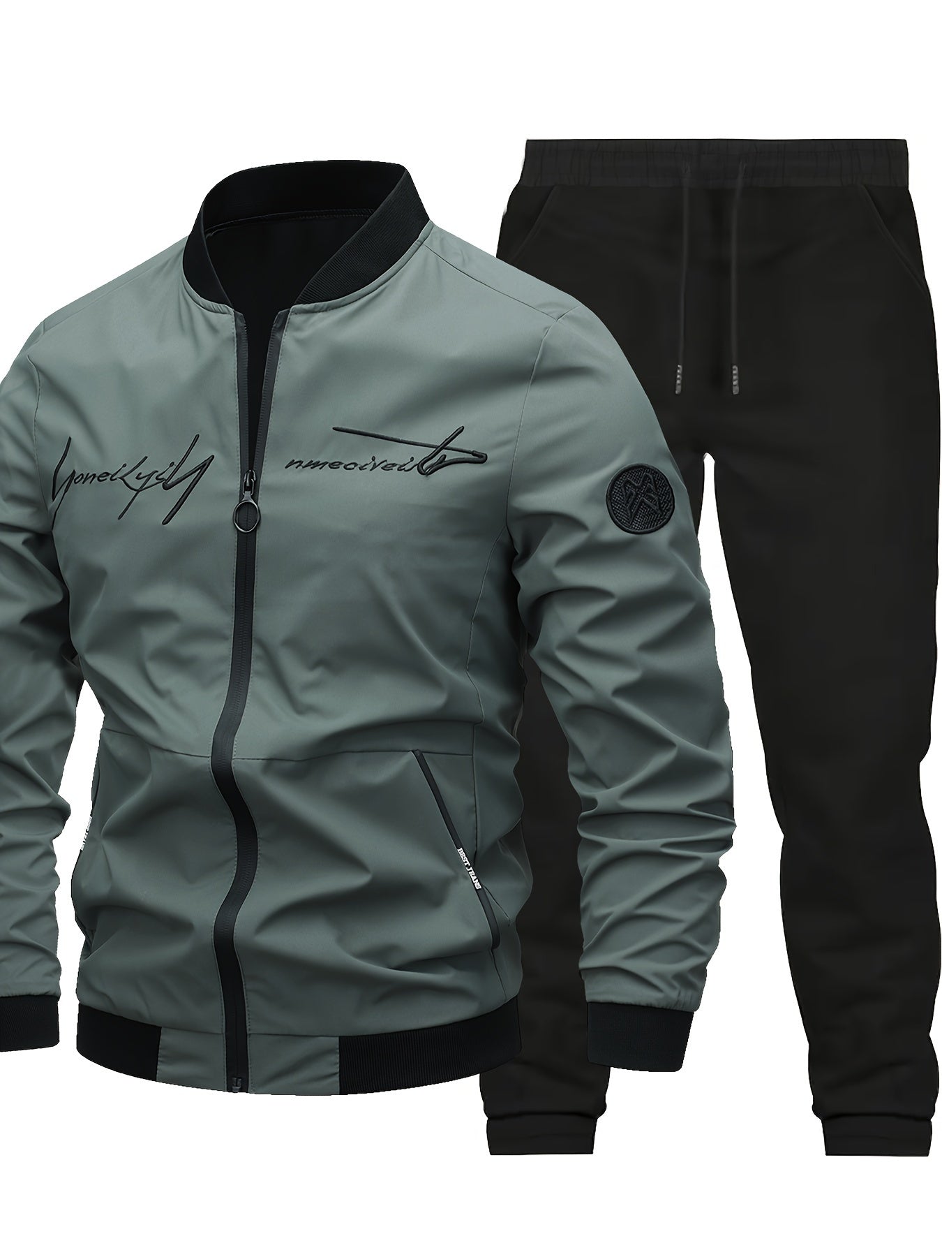 2pcs Men's Classic Bomber Jacket & Jogging Pants Set - Sleek Black with Letter Embroidery, Elastic Cuffs & Waistband, Durable Polyester, Perfect for Outdoor Activities & Casual Wear, Jogging Suits