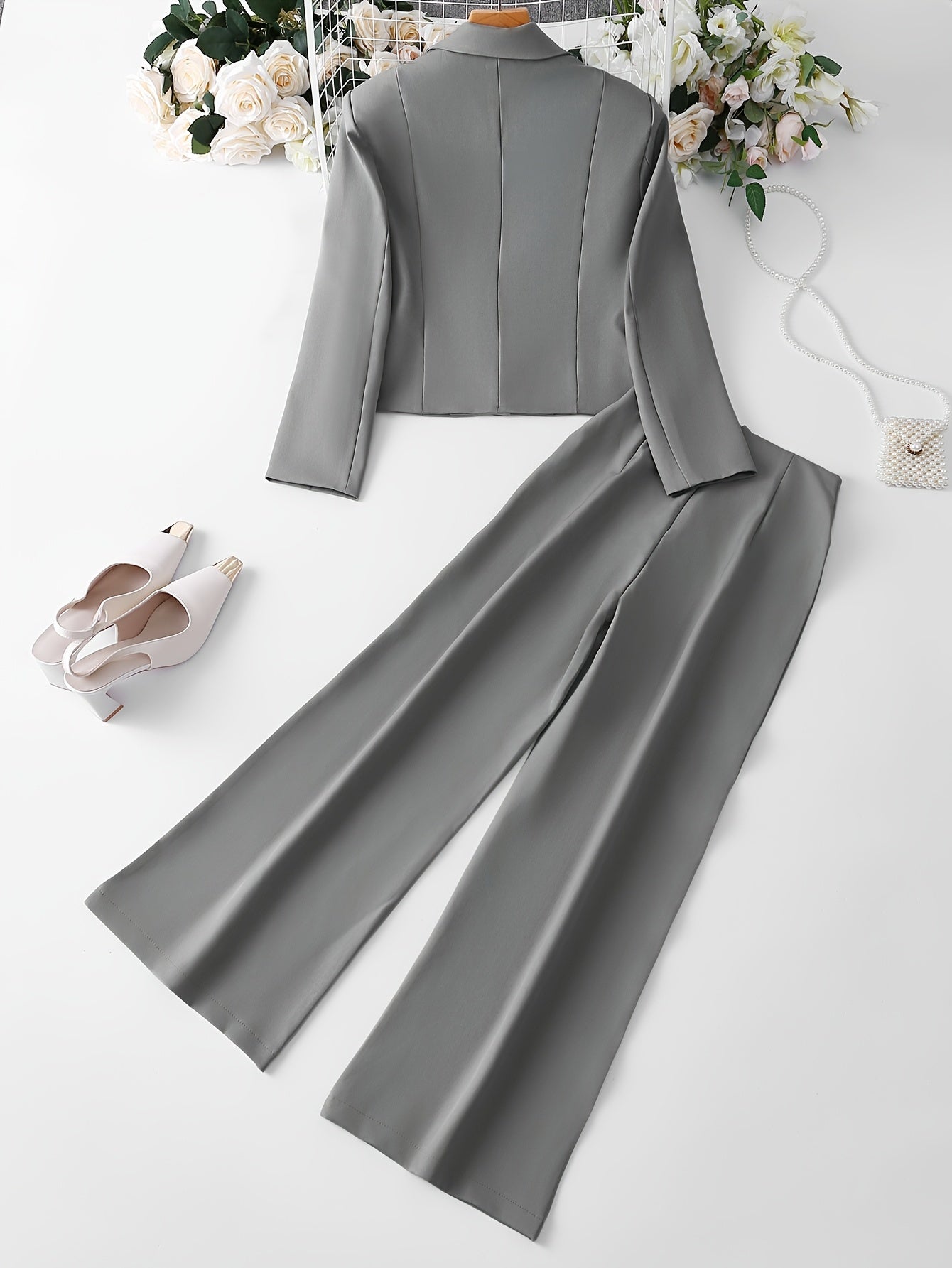 BK052044 Elegant Suit Jacket and Waist-Tie Loose Straight-Leg Wide-Leg Pants Women's Two-Piece Suit