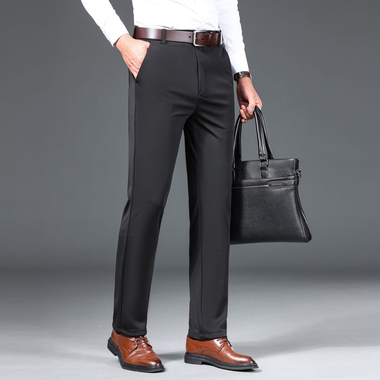 1pc Men'S Warmth Business Casual Pants, Fall/Winter Fleece-Lined Thickened Straight-Leg Trousers with Slant Pockets, Solid Color Knit Fabric Regular Fit Dress Pants with Zipper Closure, Medium Stretch Polyester