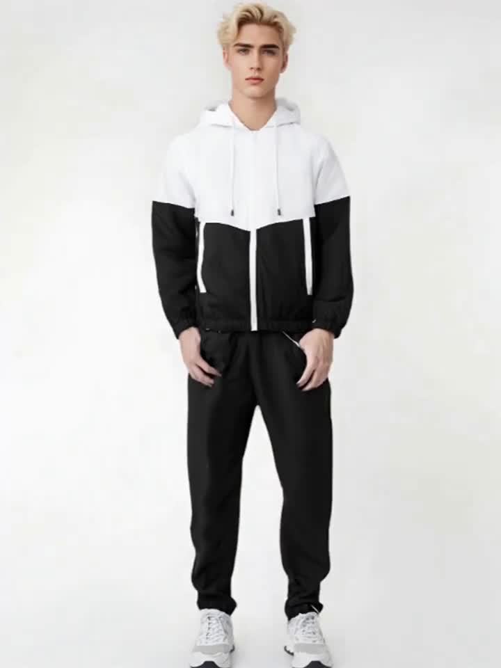 Men's Spring Autumn Outdoor Sports Training Casual Color Block Stitched Hoodie Adjustable Set Home Top and Pants Fashionable Windproof Jacket Pants Two-Piece Suit