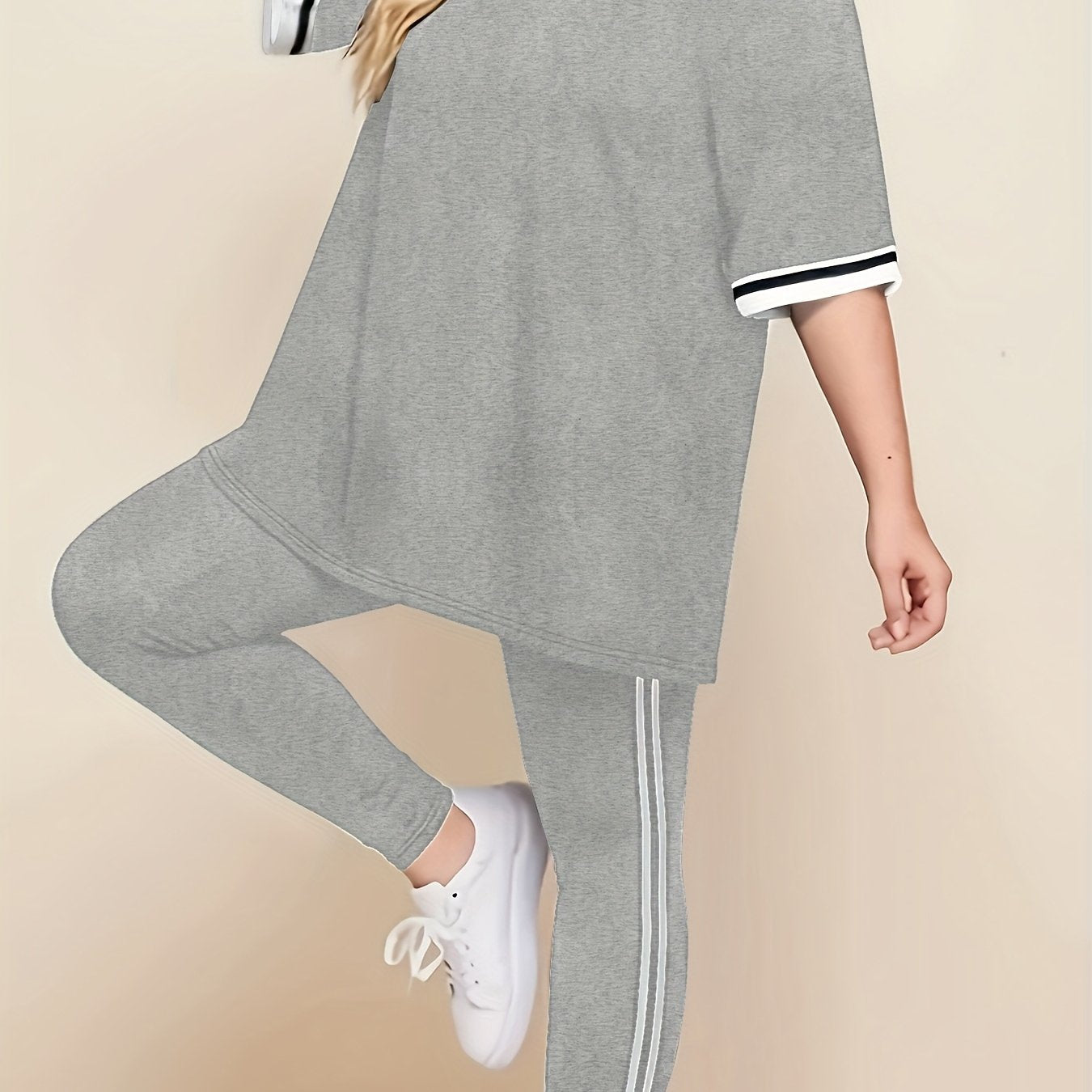 Women'S Plus Size Casual Lounge Set - Gray & White Striped Oversized T-Shirt with Matching Joggers, Comfortable All-Season Home Outfit, Joggers for Women