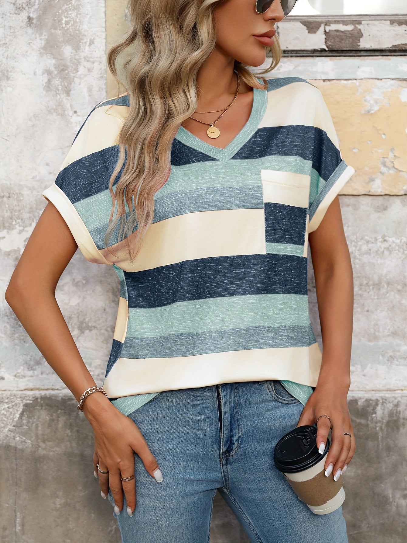 Women's Elegant Knit Striped Short Sleeve T-Shirt - Red & White Stripes on Navy Blue, 95% Polyester 5% Elastane Blend, Lightweight 180gsm Summer Casual Top, Machine Washable