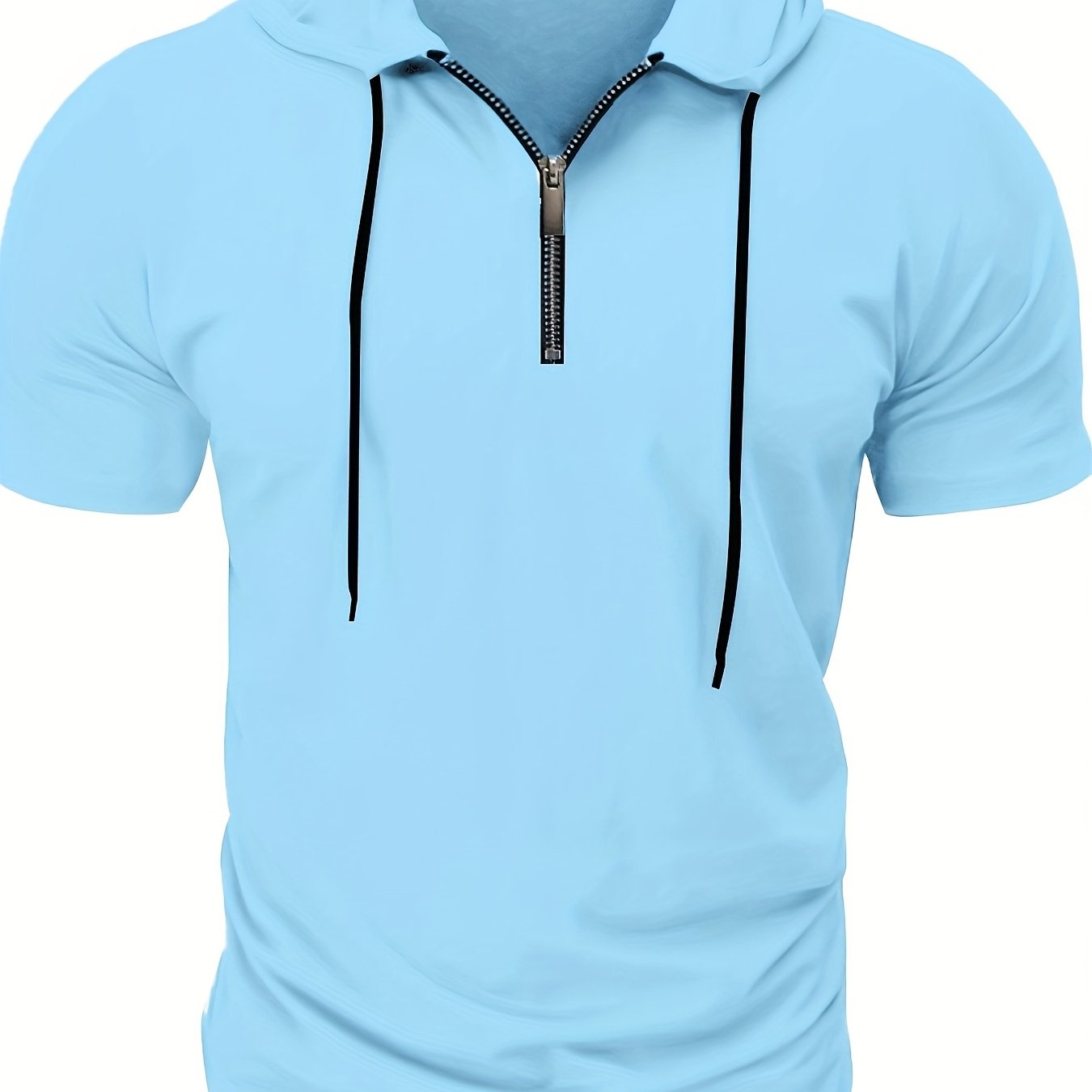 1pc Men's Light Blue Casual Hooded Short Sleeve T-Shirt with 1/4 Zipper, Breathable Stretch Fabric for Gym, Outdoor & Summer Wear, Gym Apparel, Stylish Contrast Detailing, Comfortable Fit