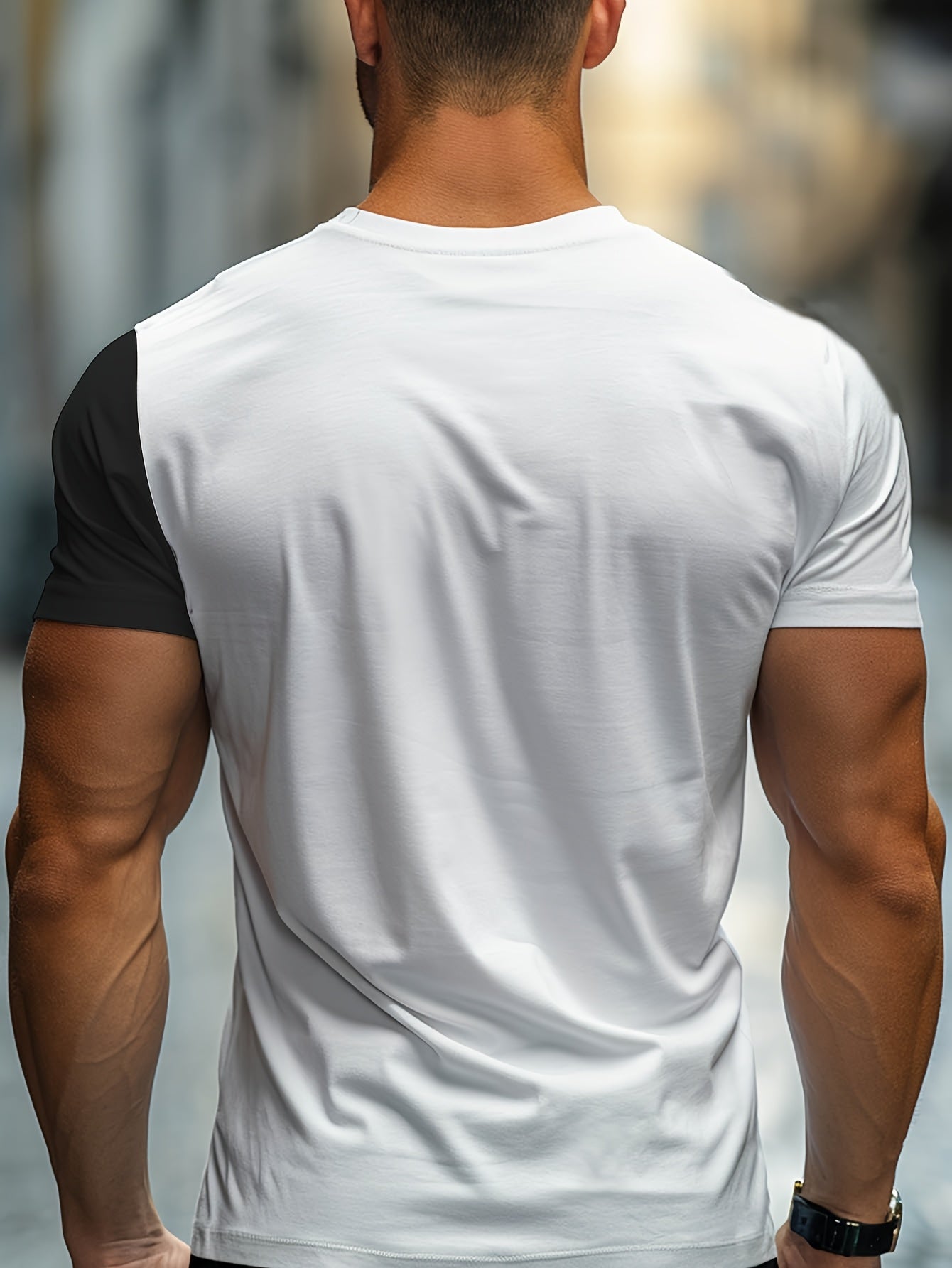Men'S Fashion Casual Crew Neck Short Sleeve T-Shirt, Polyester Blend, Slight Stretch, Solid Color, Summer, Regular Fit, Knit Fabric, 180g/m², with Embellished Graphic for Adult