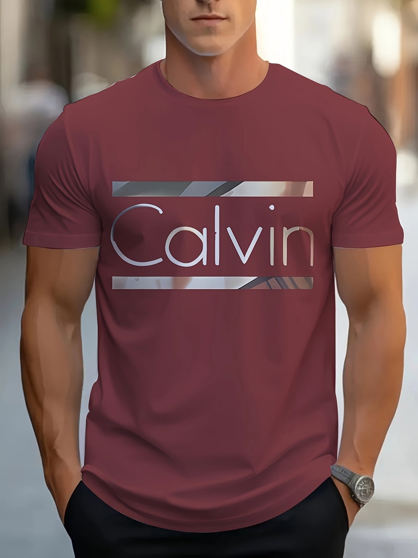 Men'S "Calvin" Graphic T-Shirt - Casual 3D Print Letter Tee with Geometric Design, Short Sleeve, Round Neck, Light Blue, Perfect for Summer, Everyday & Sportswear, Casual Wear Tee | Modern Casualwear | Comfortable Fit