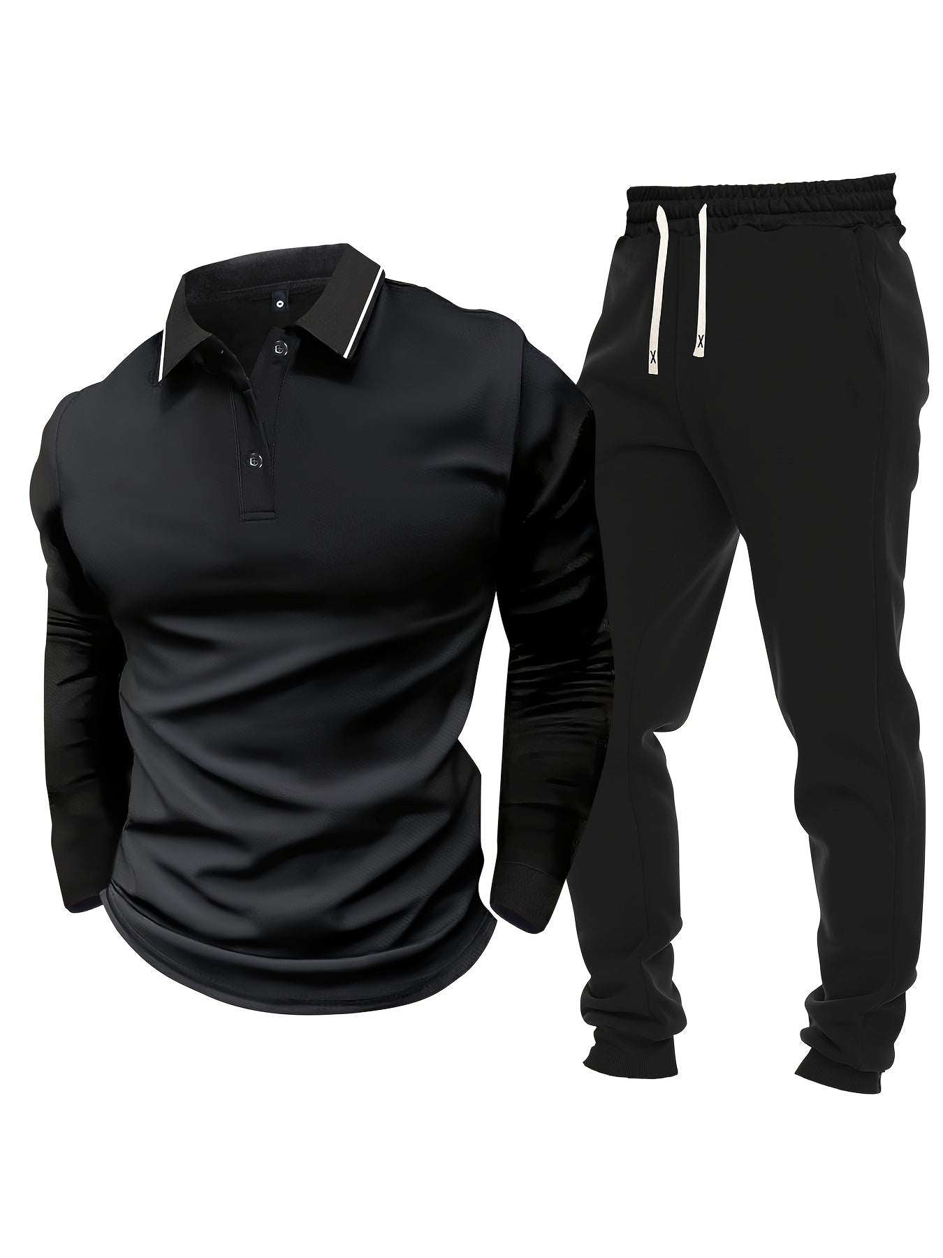 Men's Casual Color-Block Long Sleeve Button-Up Shirt & Drawstring Joggers Set - Polyester Blend, Pockets Included, Perfect for Spring/Fall