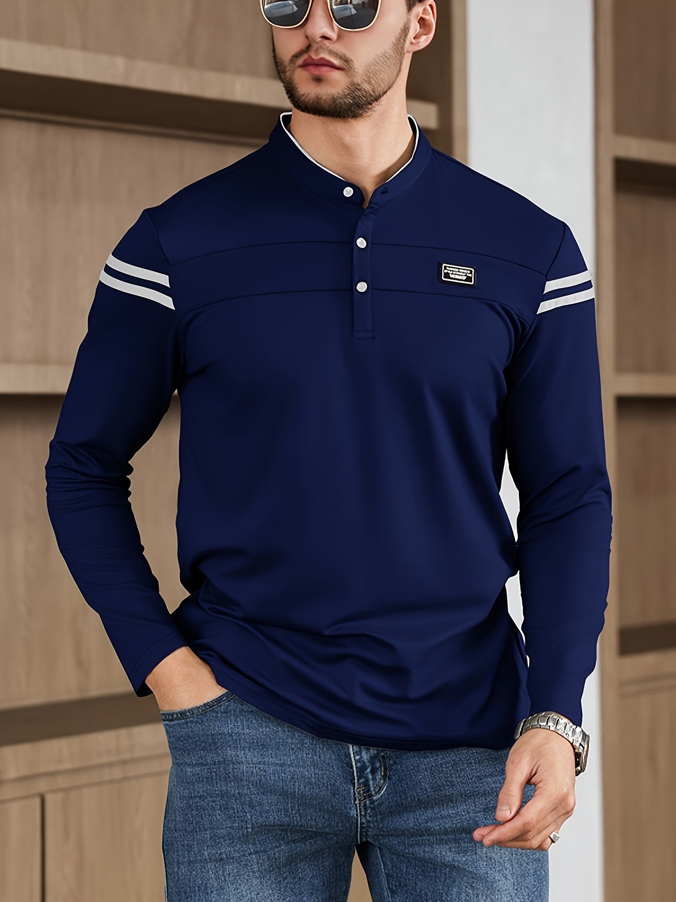 Men'S Casual Long Sleeve T-Shirt - Solid Color with Stand Collar & Stripe Polo, Button-Up Front, Ideal for Outdoor Activities