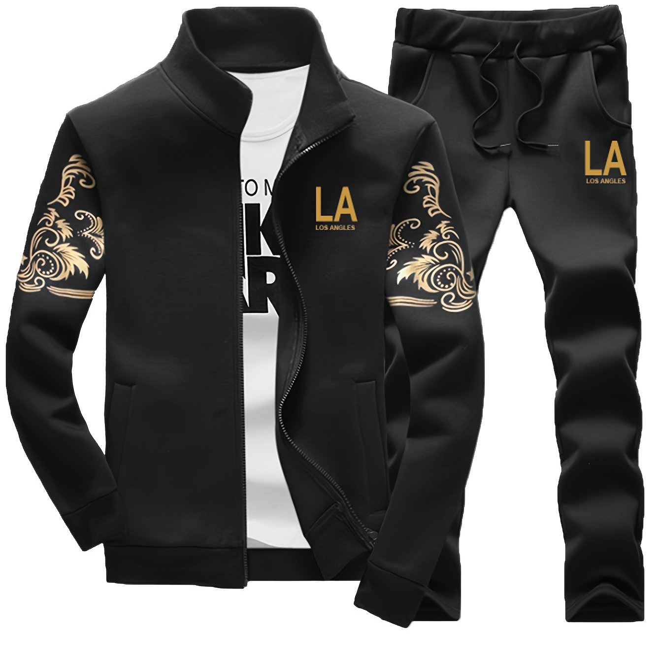 Men's Casual 2-Piece Outfit, Stylish Printed Full Zip Jacket & Drawstring Pants, Casual Sportswear Suit