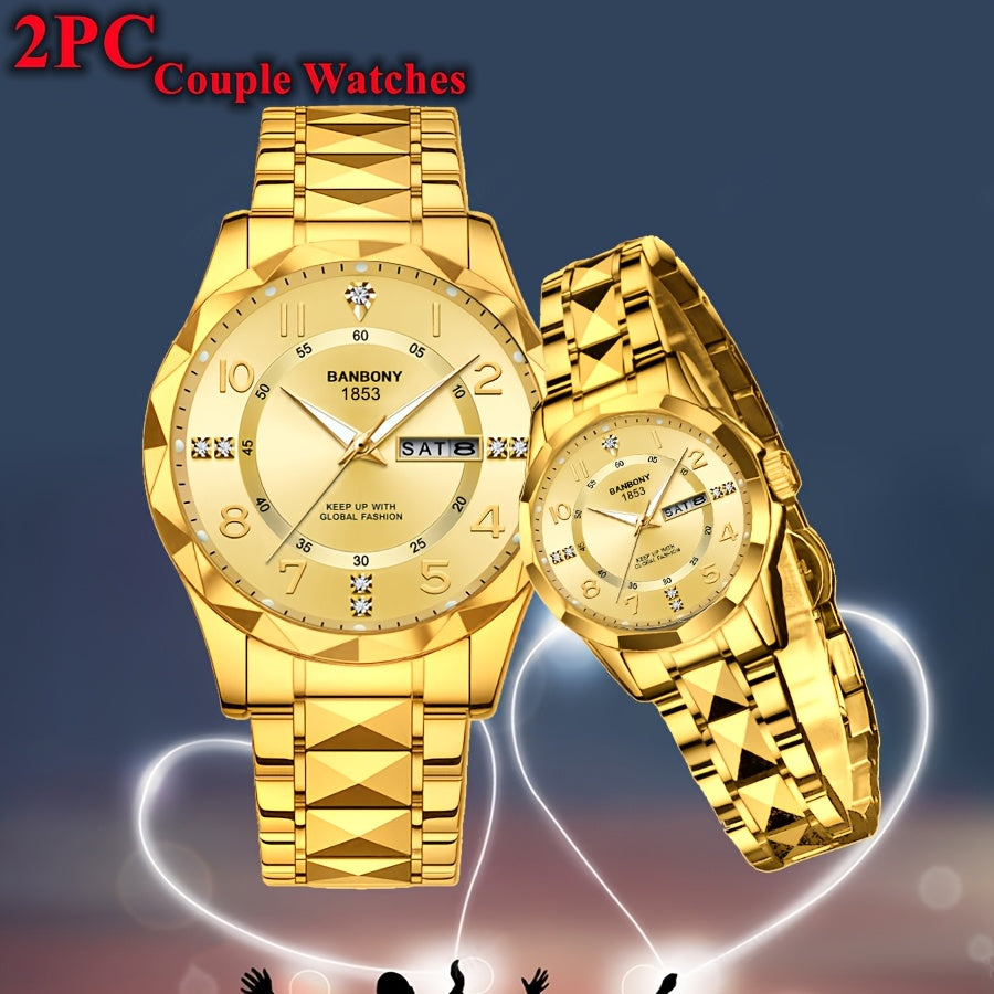 2pcs BNDBONY Brand Men And Women Couples Quartz Watch Stainless Steel Strap Scratch-Resistant Wear Luminous Pointer Digital Simple Hd Disc IPX7 Waterproof Fashion Multifunctional Couples Watch Holiday Couples Lover Birthday G