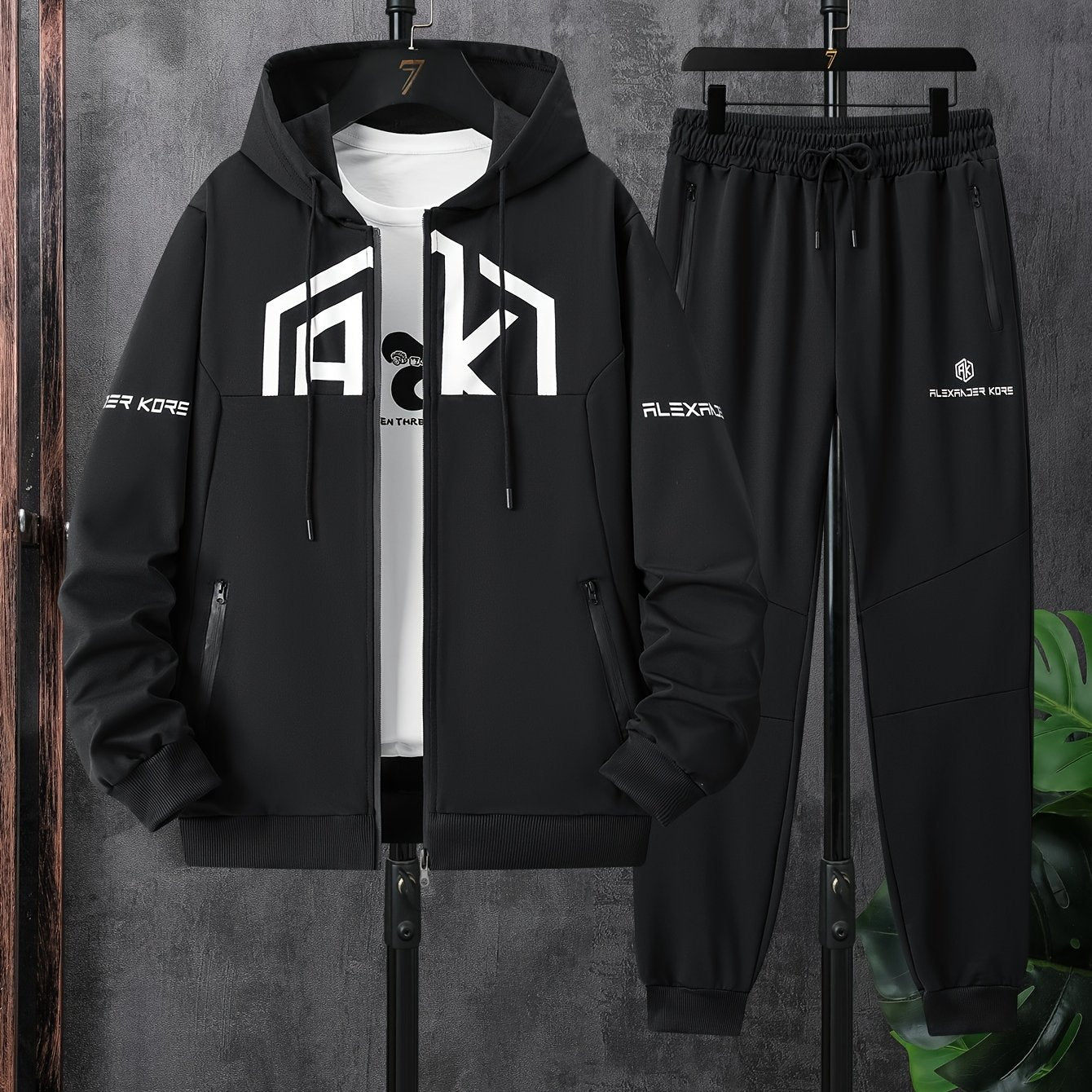 Men's AK Letter Print Long Sleeves Hoodies With Zipper Detail & Long Pants Two-piece Set, Slight Stretch Comfortable Clothing For Spring And Autumn