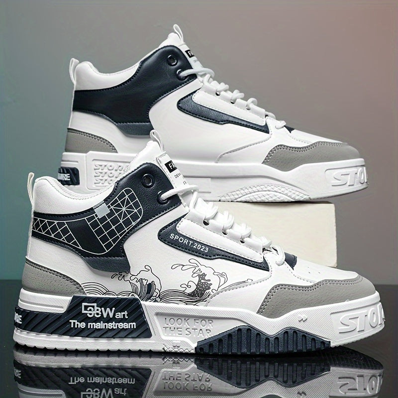 Men's High-Top Skate Sneakers - Comfortable, Non-Slip Casual Shoes for Outdoor Walking & Jogging, Stylish Striped/Solid Design, Lace-Up, All Seasons