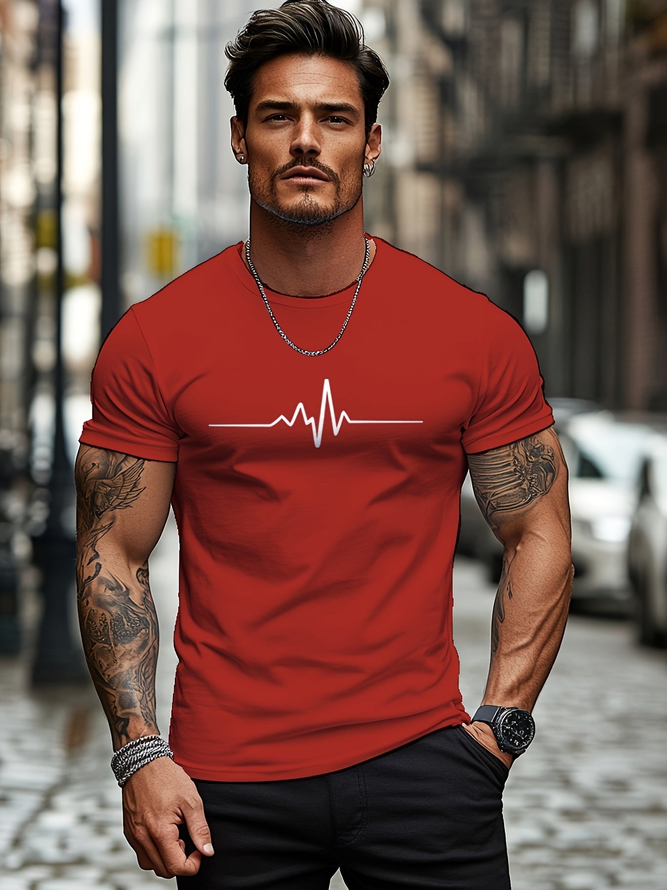 Men'S Brown T-Shirt with ECG Heartbeat Graphic - Casual Streetwear, Short Sleeve, Round Neck, Stretch Fabric, All-Season Comfort, Casual Streetwear Tee | Round Neck Tshirt | Comfortable Fit