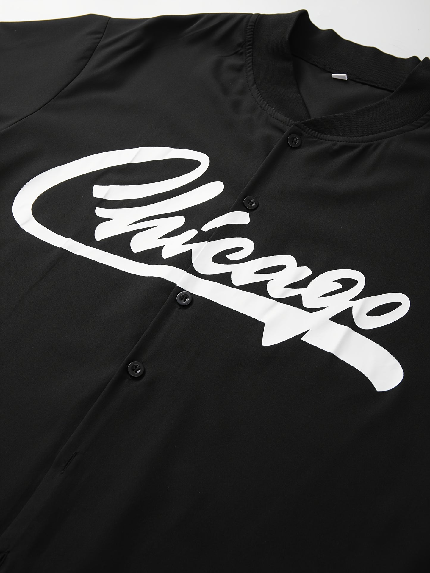Men's Chicago Letter Print Casual Short Sleeve Baseball Shirt with Printed Webbing + Drawstring Shorts Two-Piece Set