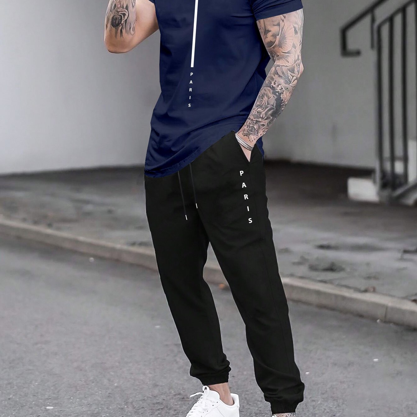 1set Men'S Casual Sportswear Set, Geometric Pattern Short Sleeve T-Shirt and Drawstring Joggers, Knitted Polyester and Elastane Blend, Round Neck, Regular Fit, Four Seasons Outfit