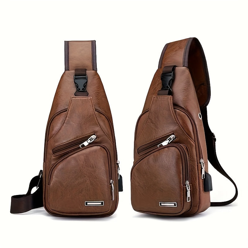 2025 New Men'S Fashion Chest Bag - Soft Faux Leather Anti-Theft Crossbody Bag with Multiple Compartments, Adjustable Strap & Zipper Closure for Gym, Travel, Casual Outings (Brown), Secure Travel Pouch, Textured Finish