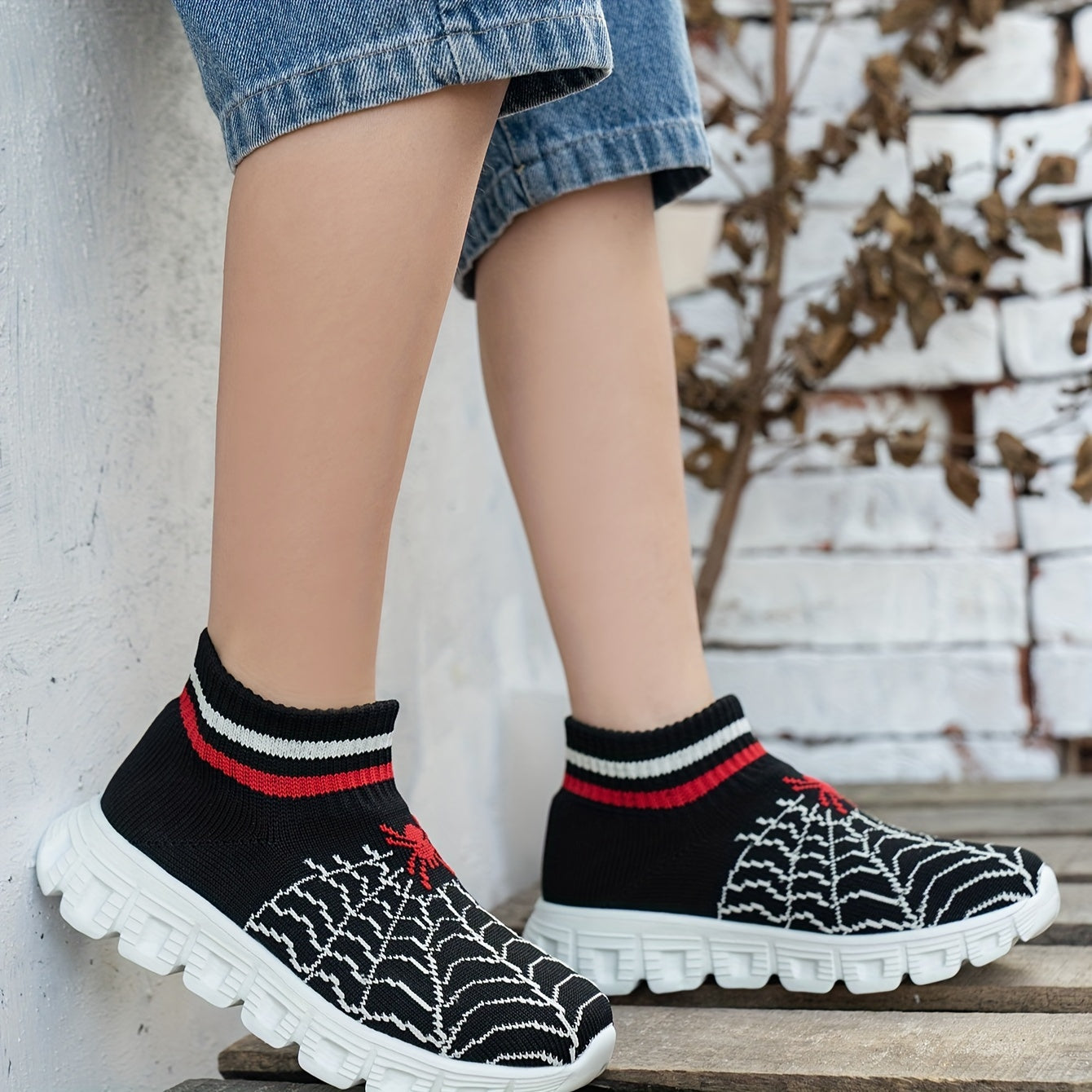 Spider Slip-On Sneakers for Youngsters - Spider Web Embroidery Design, Breathable Fabric & Lightweight EVA Sole, Anti-Slip Comfortable Casual Shoes for Boys and Girls, Shoes for Girls, Youngsters Slipon Footwear, Fun Youngste