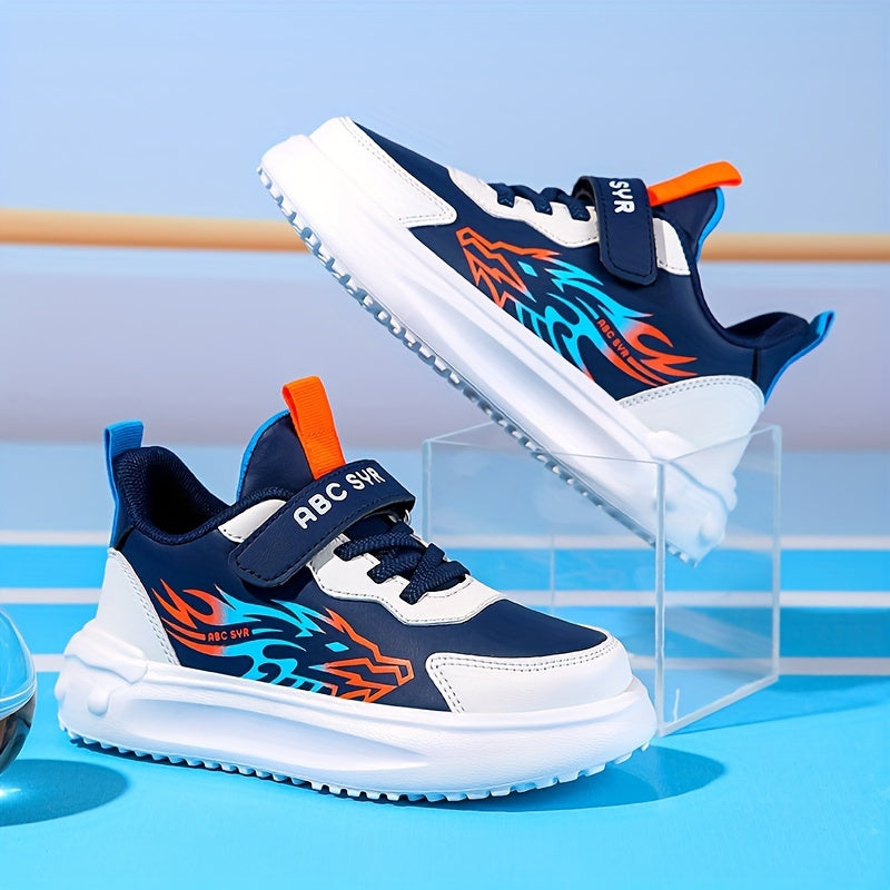 Boys' Athletic Sneakers for Fall/Winter 2024 - Stylish Flame Design, Durable & Comfortable with Hook-and-loop Fastener Strap, Low-Top, PU Upper, EVA Sole, Perfect for Running & School Activities
