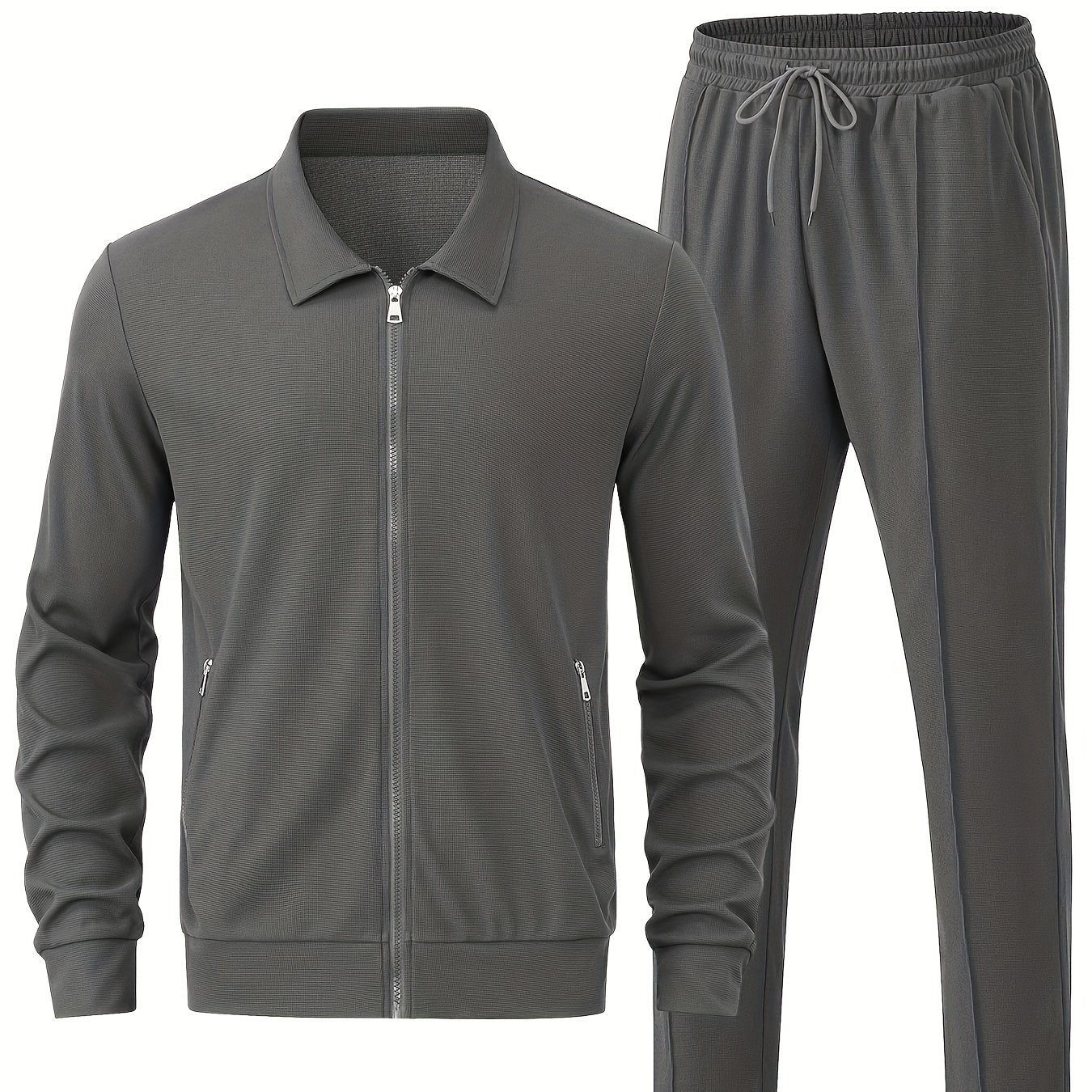 Men's Solid Waffle 2pcs Athletic Outfits, Zip-up Jacket & Pants co ord set for Outdoor Sports