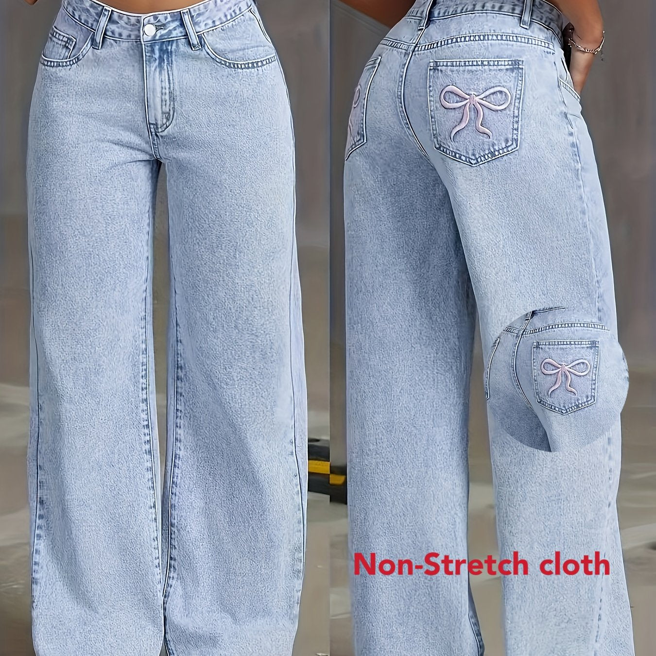 Women's High-Rise Light Wash Blue Denim Wide-Leg Pants with Butterfly Details - Street Style, Non-Stretch Fabric, Machine Washable