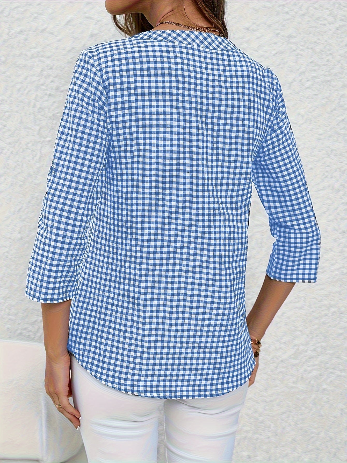 Women'S Casual Yellow & White Plaid Button-Up Shirt - Polyester, V-Neck, Long Sleeves, Casual Wear, Casual Wear|Plaid Pattern|Polyester Fabric