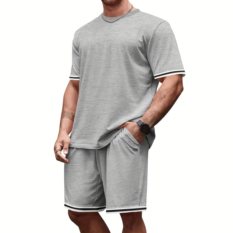 2025 New Casual Men's Set Round Neck Short Sleeve T-Shirt Summer Drawstring Shorts Solid Color Men's Suit