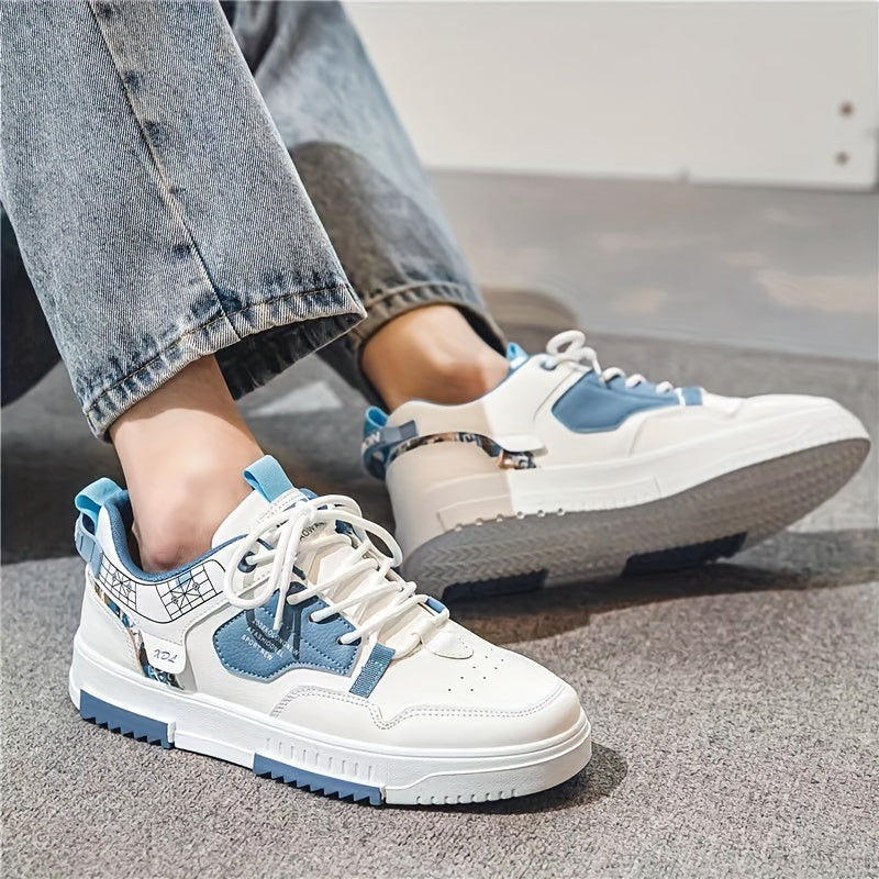 Men's Skate Shoes with Good Grip & Breathable Design - PU Upper, Cushioned PVC Sole, Black/Blue Letter Pattern Lace-Up Sneakers for All-Season Casual & Sports Wear, Allseason Shoes | Modern Casual Shoes | Comfortable Wear