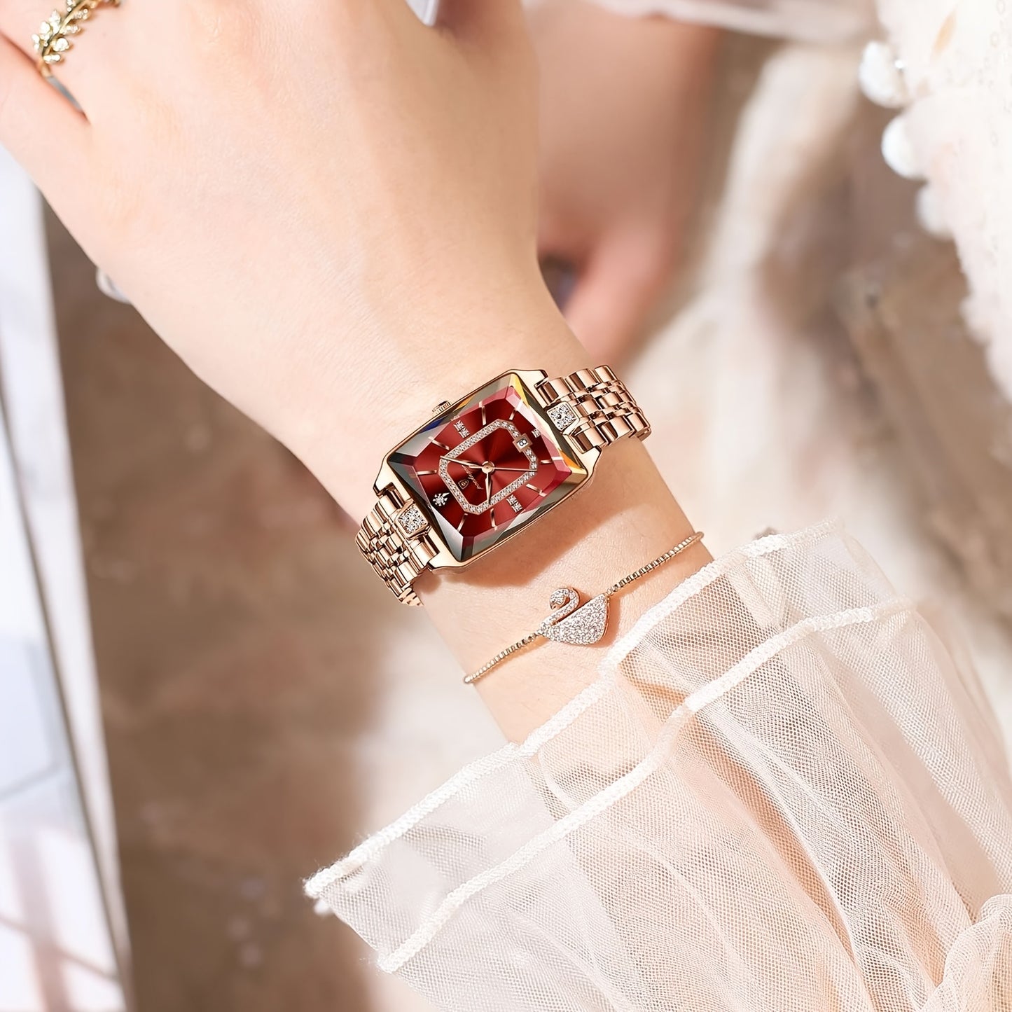 POEDAGAR Women's Ultra-Thin Stainless Steel Quartz Watch - 3ATM Waterproof, Luminous Red Dial with Date Calendar, Champagne Band & Case - Elegant Luxury Wristwatch for Teens & Adults, Perfect for Valentine's Day, Mother's Day