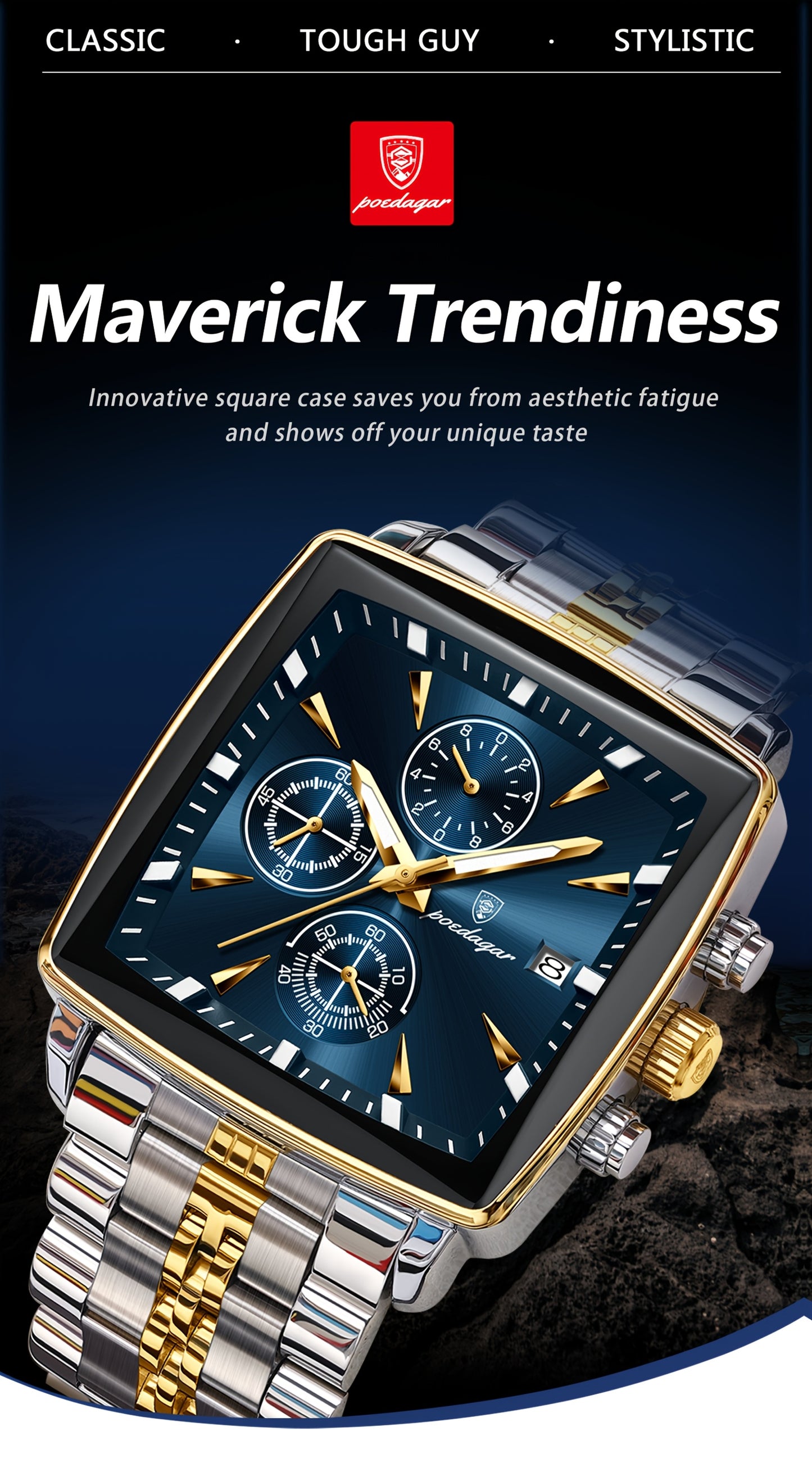 POEDAGAR Men's Stainless Steel Luminous Watch - Blue Dial Chronograph, High Quality Quartz Movement with Date Calendar, Golden-Tone Accents for Business Casual & Casual Attire, Formal Accessory, Stylish Accessory, Refined Cra