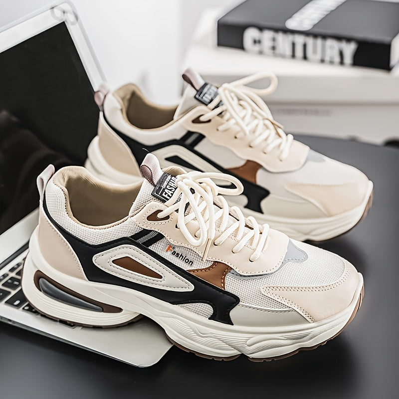 Men's Fashion Sneakers - White/Black/Brown PU Upper, Breathable Fabric Lining & Cushioned EVA Insole, Durable PVC Sole, Lace-Up Mid-Top Design for All-Season Casual & Daily Wear, High Top Sneakers, Versatile Footwear, Modern