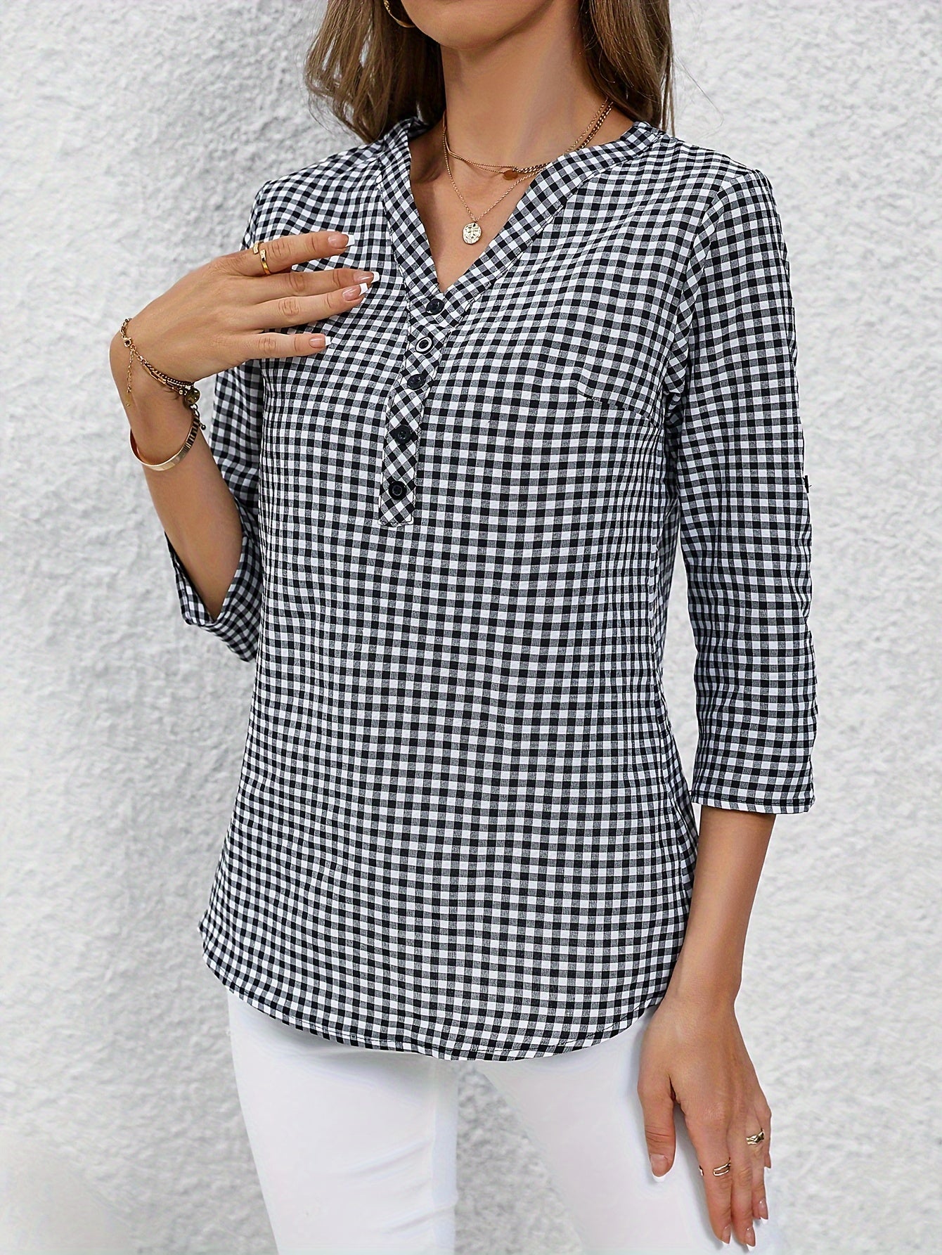 Women'S Casual Yellow & White Plaid Button-Up Shirt - Polyester, V-Neck, Long Sleeves, Casual Wear, Casual Wear|Plaid Pattern|Polyester Fabric